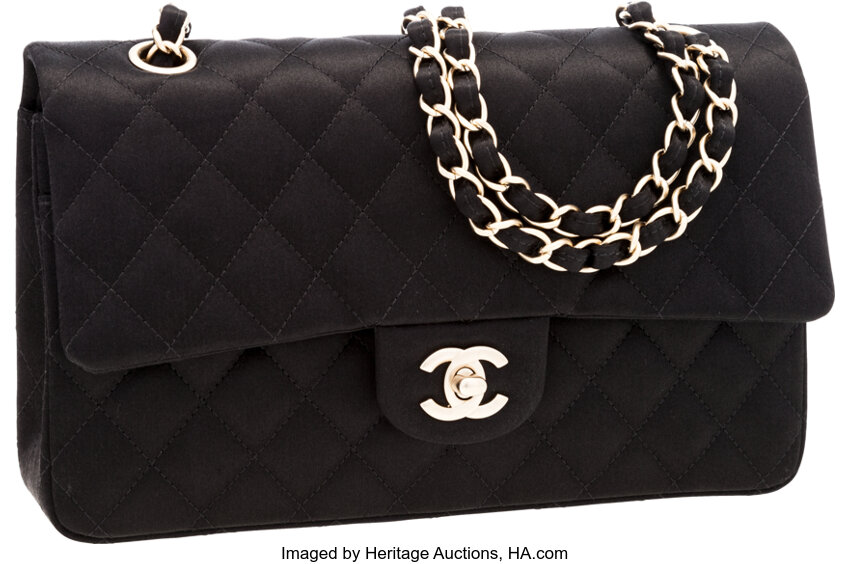 CHANEL QUILTED BLACK & GOLD CHAIN EVENING BAG for sale at auction on 1st  December