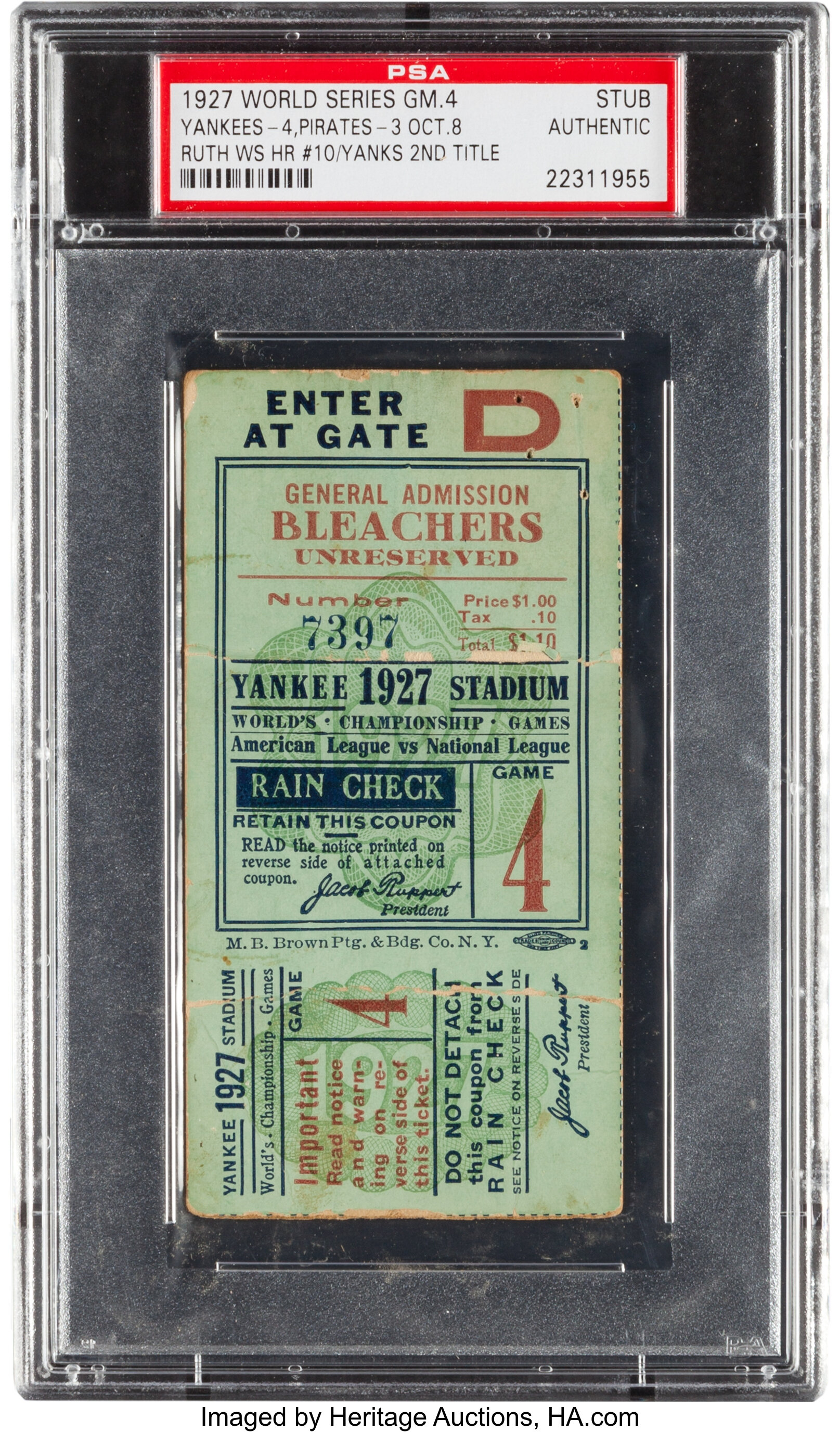 1927 World Series Game Four Ticket Stub. Baseball Collectibles