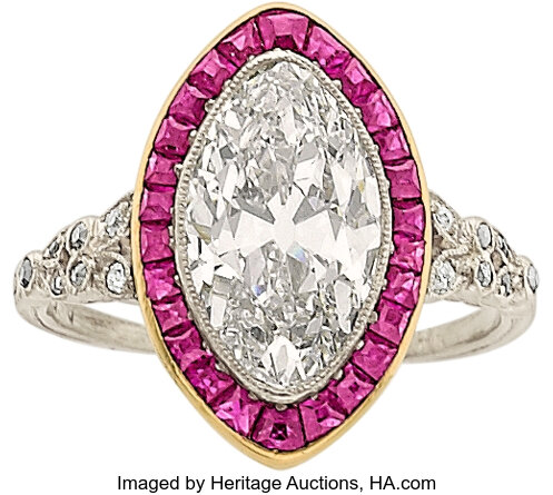 Art Deco Diamond, Ruby, Platinum Ring.  Estate Jewelry Rings 