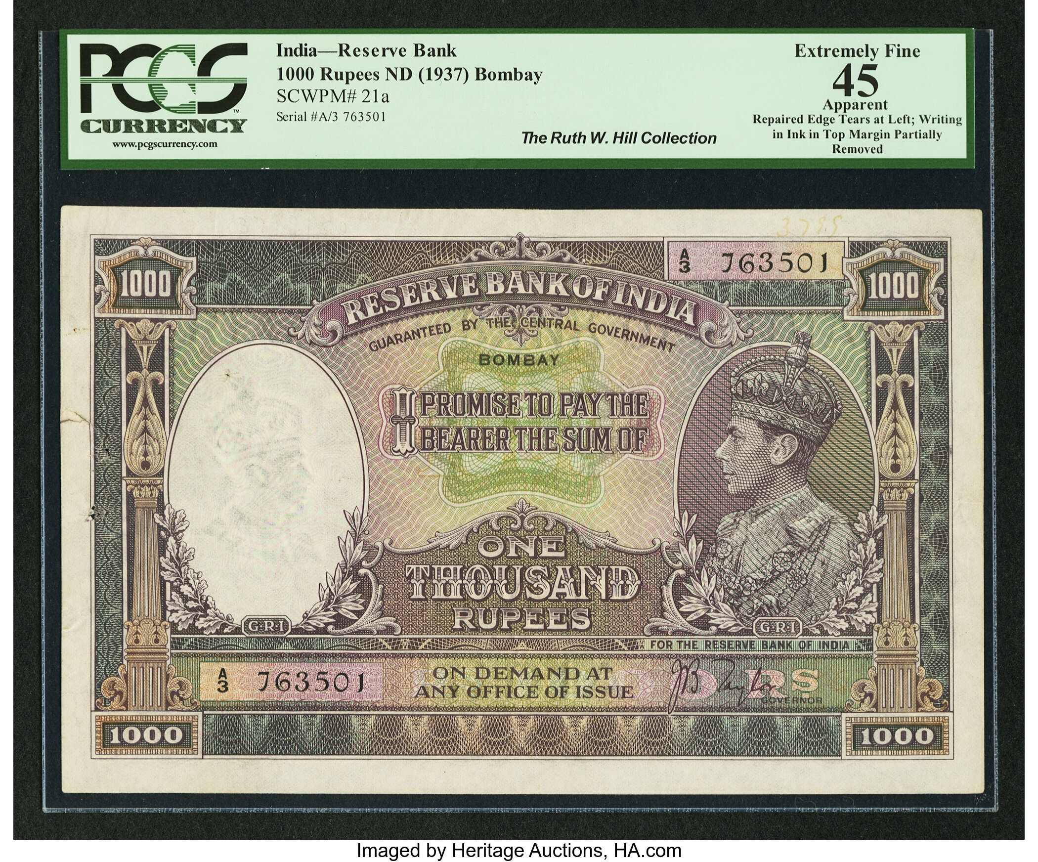 India Reserve Bank 1000 Rupees ND (1937) Bombay Taylor Pick 21a