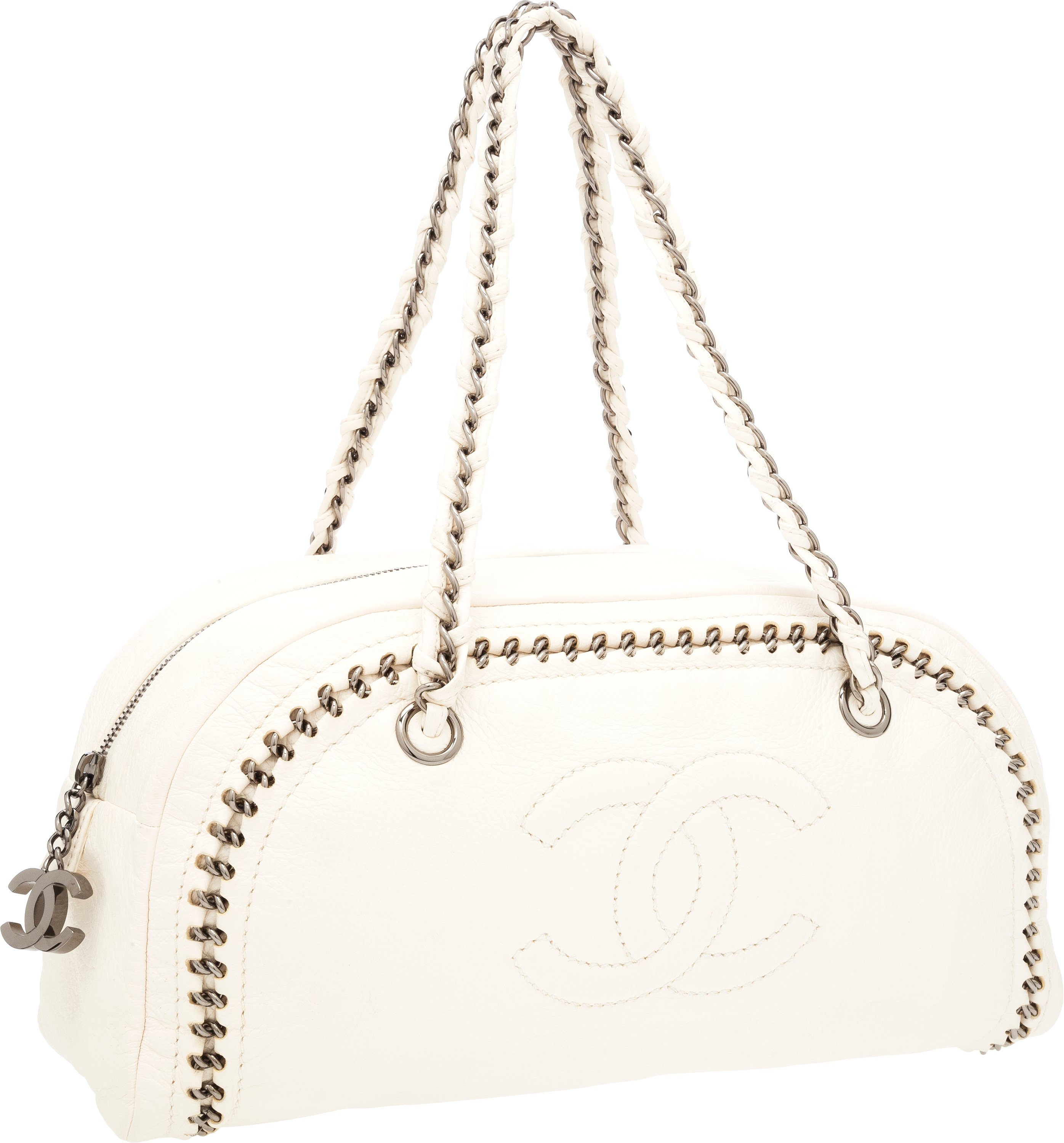 Chanel White Leather Modern Chain Bowling Bag with Gunmetal, Lot #56227