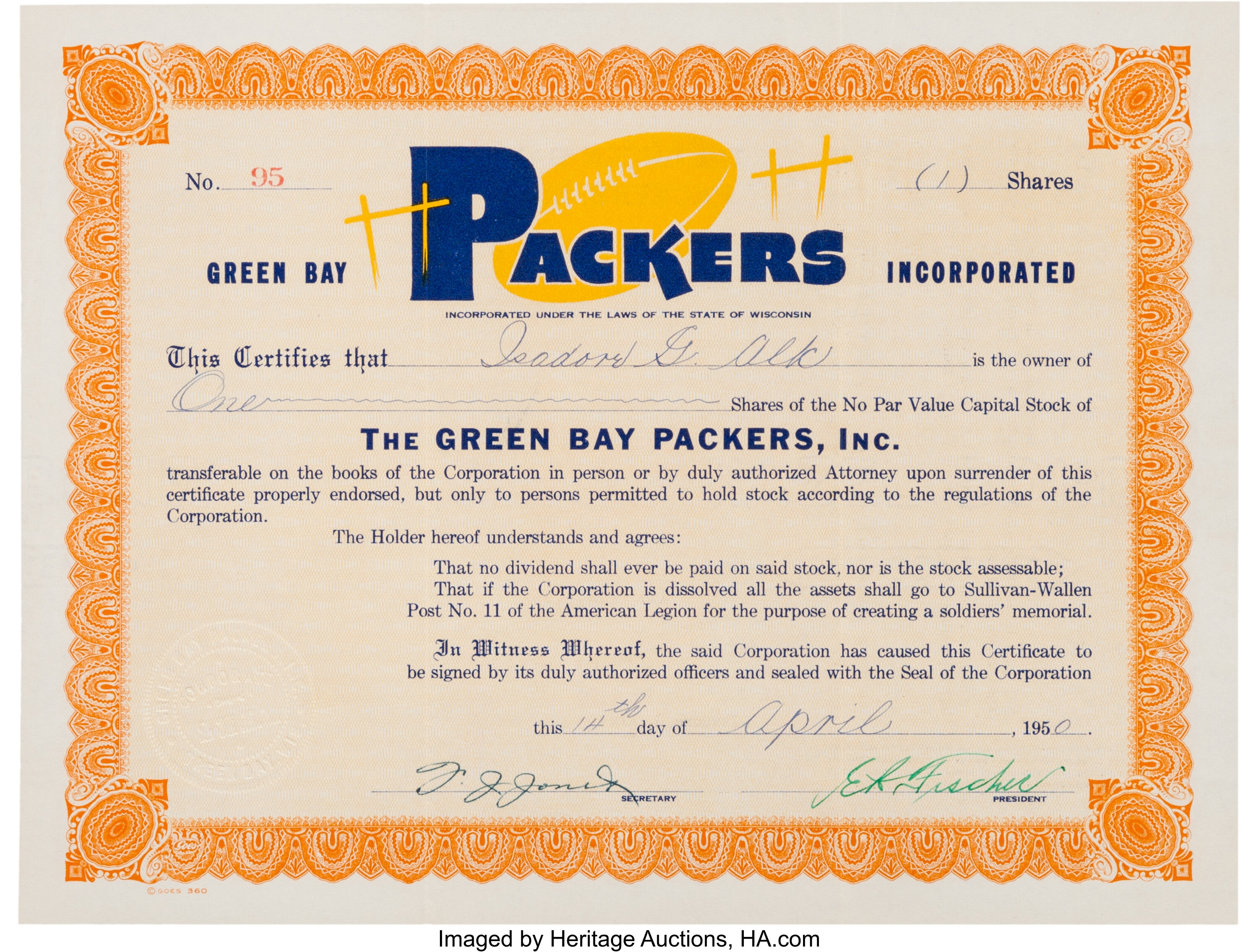 Green Bay Packers common stock certificate with prospectus