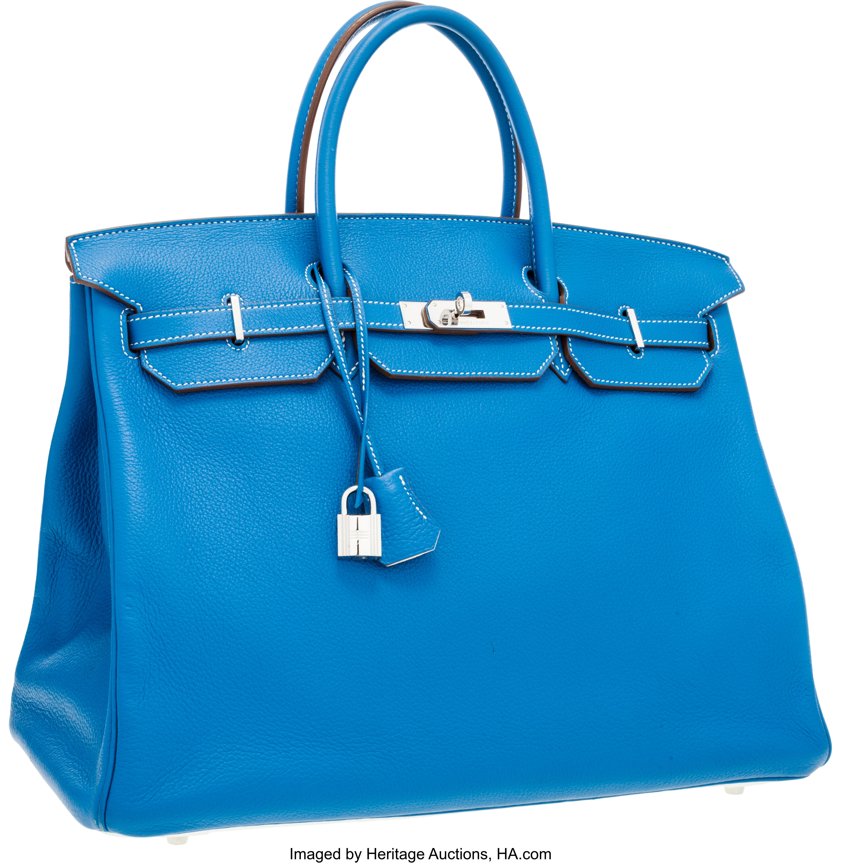 Hermes 40cm Blue Mykonos Clemence Leather Palladium Plated Birkin