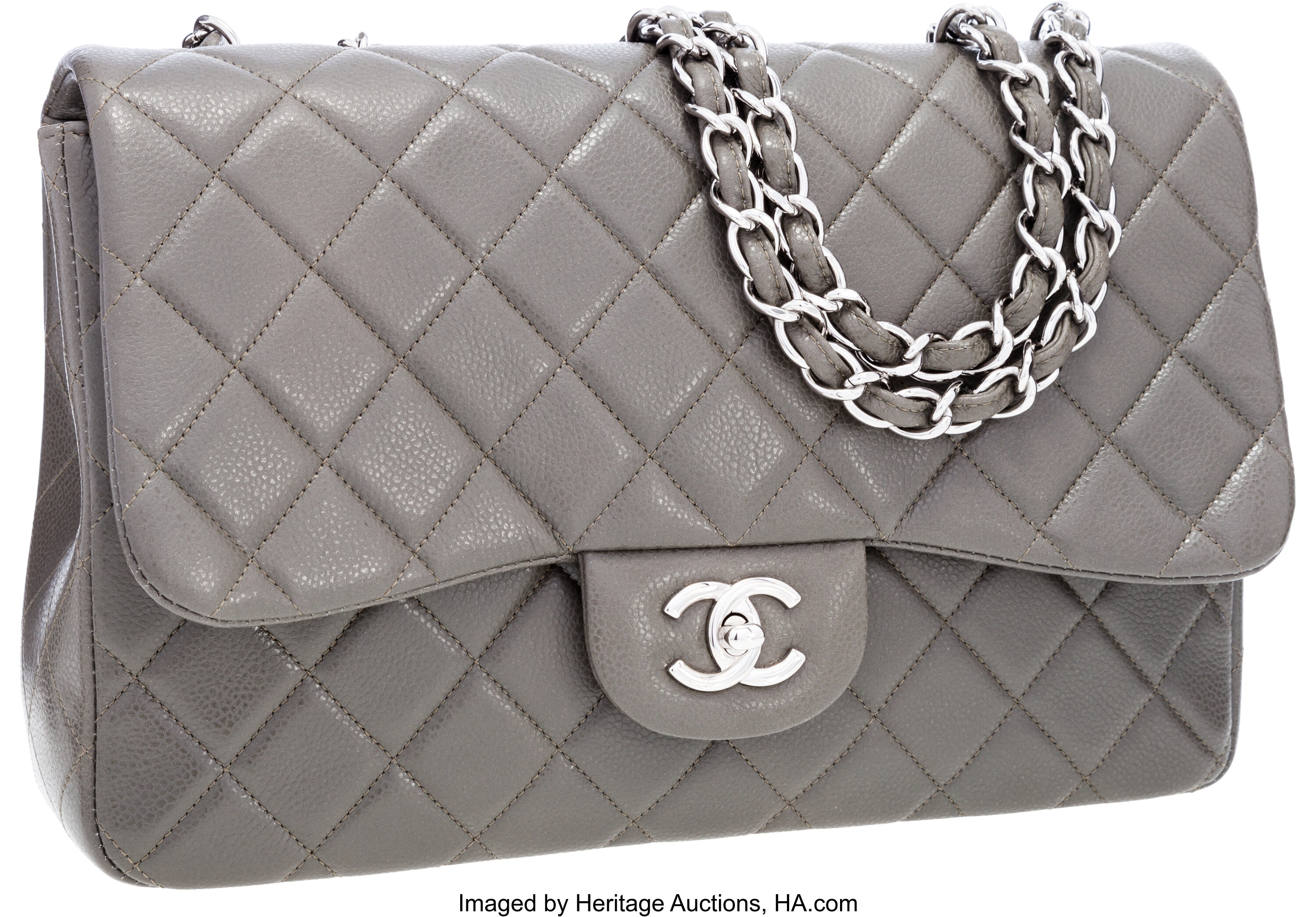 Chanel Gray Quilted Caviar Leather Jumbo Single Flap Bag with, Lot #56225