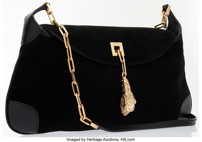 Gucci Black Suede Shoulder Bag with Gold Lion Medallion