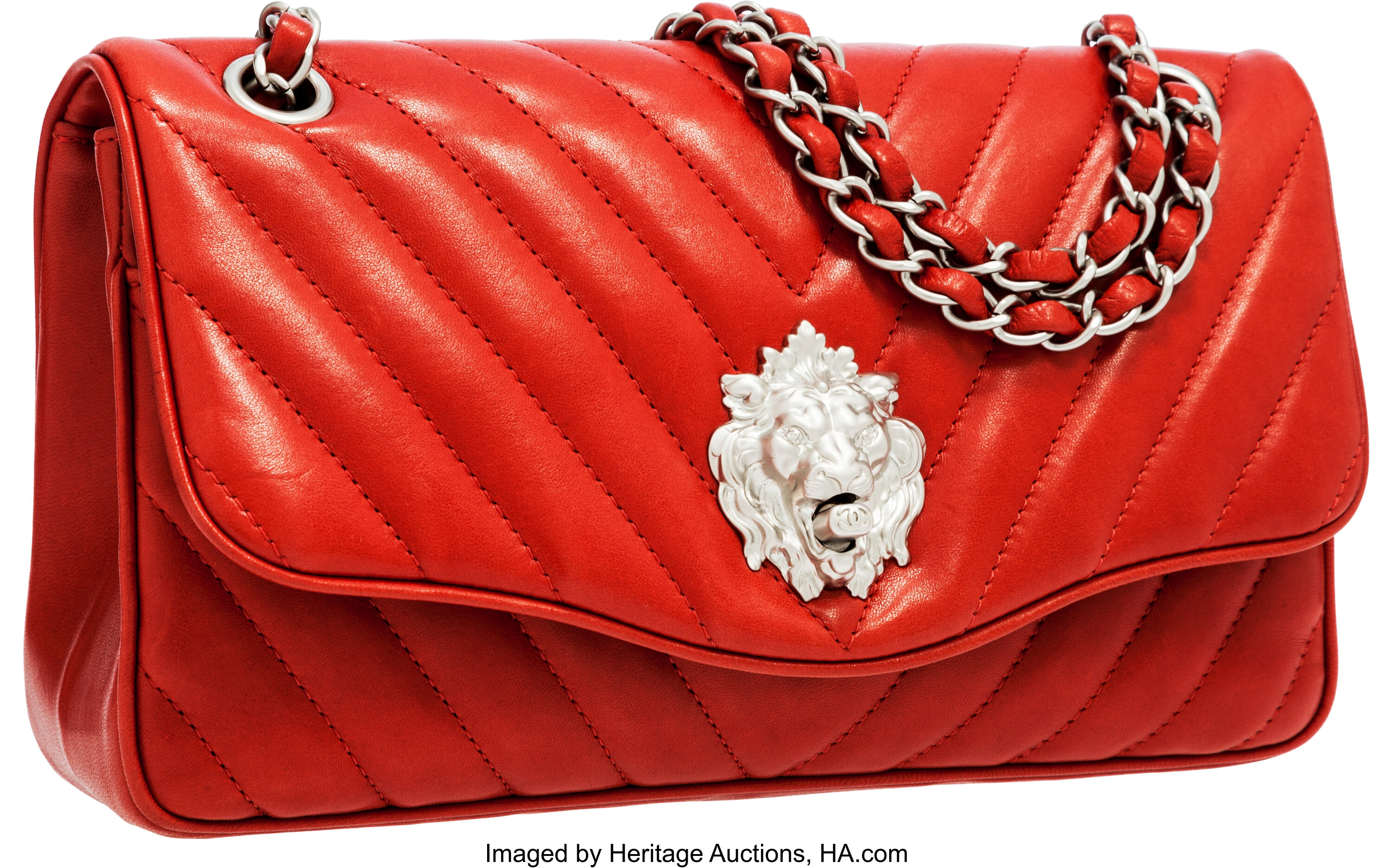 Chanel Red Lambskin Leather Leo Medium Single Flap Bag with Lion