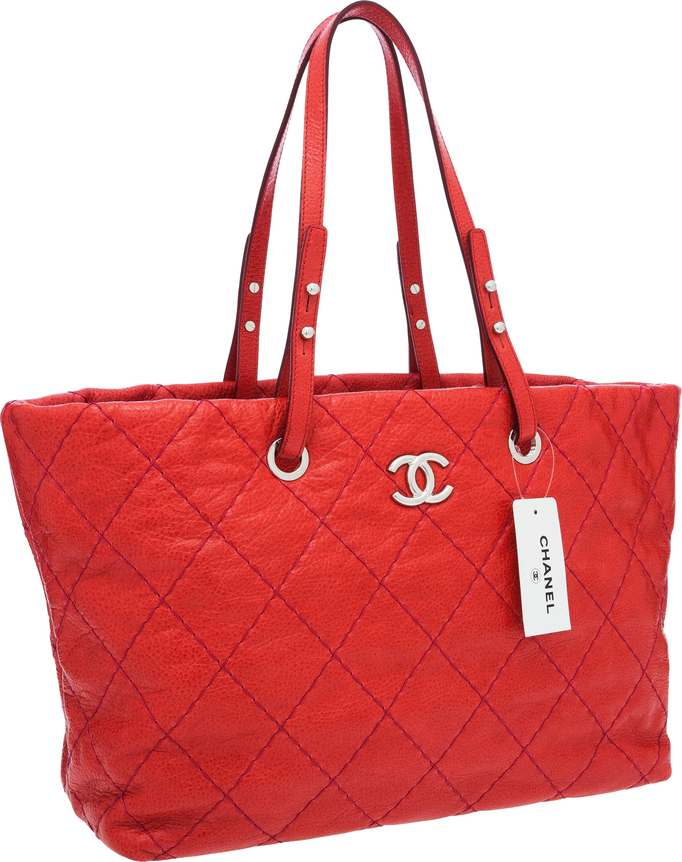 Chanel Red Quilted Caviar Leather Tote Bag with Silver Hardware