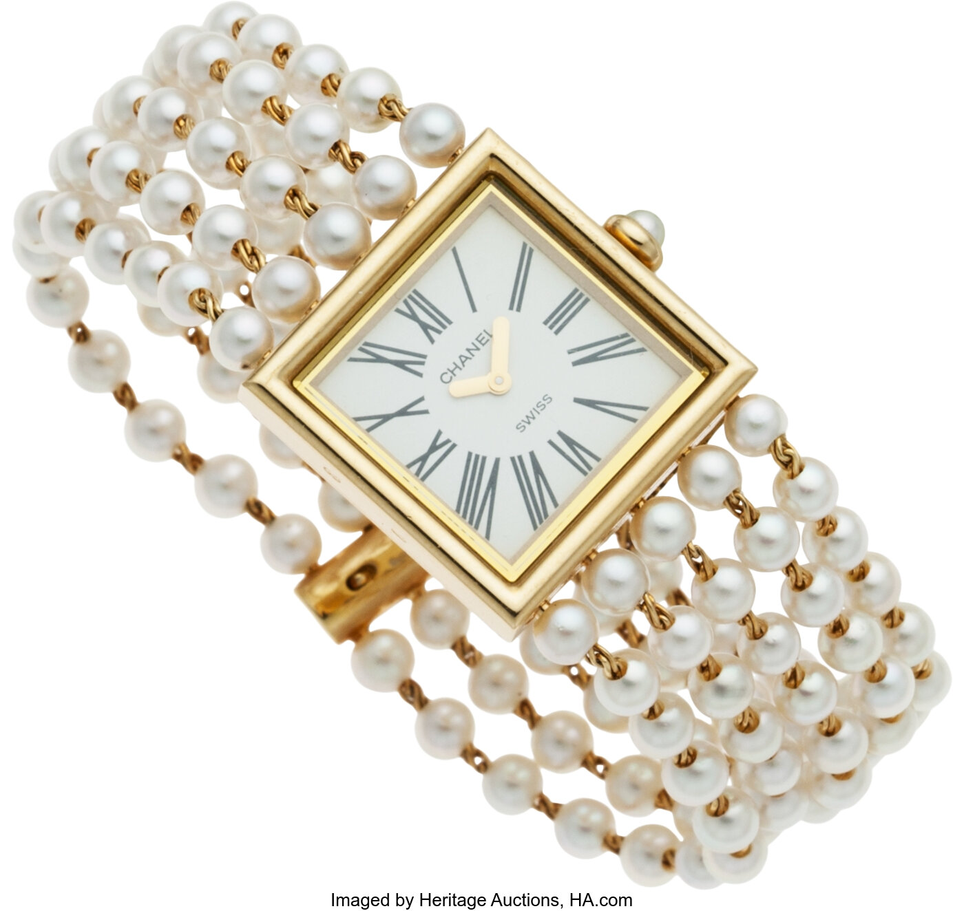 Chanel 18k Yellow Gold Mademoiselle Watch with Pearl Strap