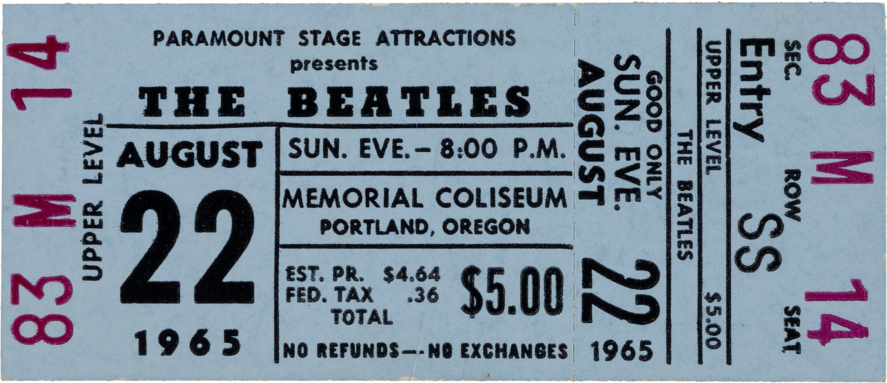 Beatles Unused Portland Memorial Coliseum Concert Ticket (1965). | Lot ...