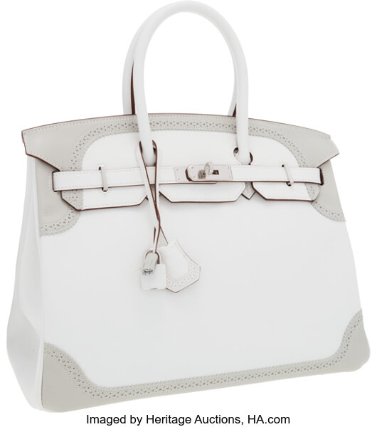 Hermes Limited Edition 35cm White & Gris Perle Clemence Leather and, Lot  #58140