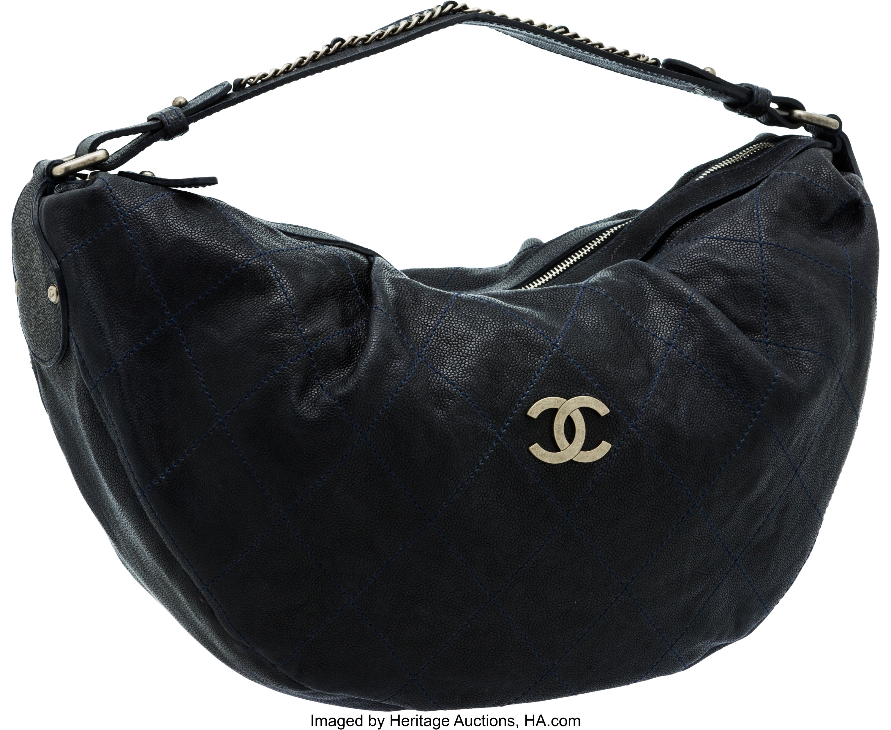 Chanel Glazed Caviar Coco Rider Flap Hobo Navy Blue