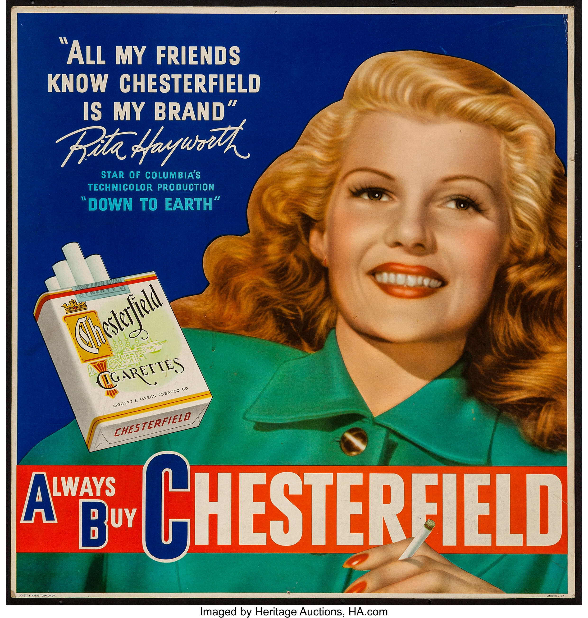 Rita Hayworth Advertising Chesterfield Cigarettes Liggett And Meyers Lot 50383 Heritage Auctions 