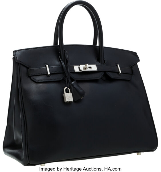 Hermes 35cm Black Calf Box Leather Birkin Bag with Brushed, Lot #56118