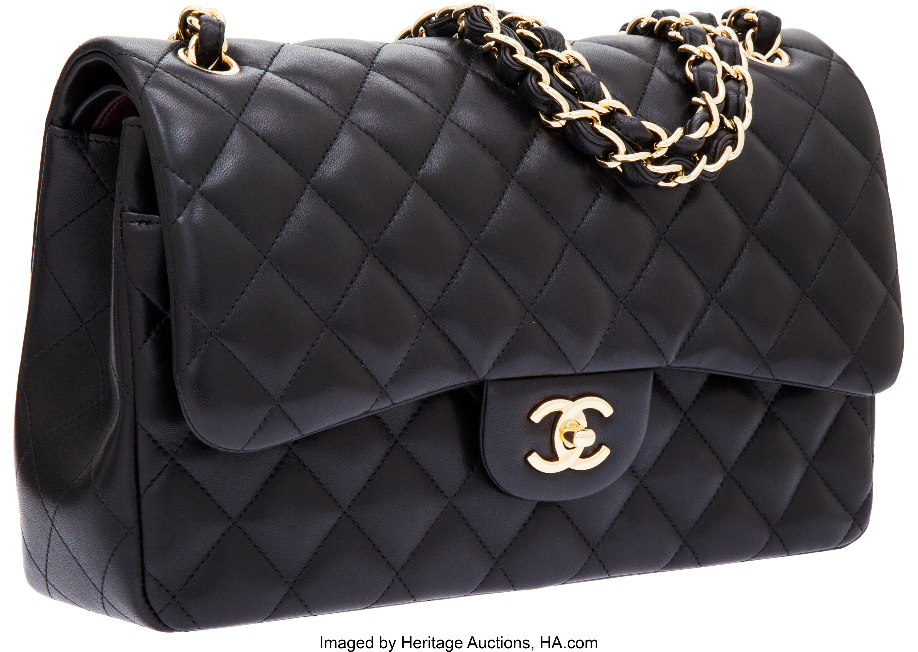 Chanel Black Quilted Lambskin Leather Jumbo Double Flap Bag with, Lot  #56246