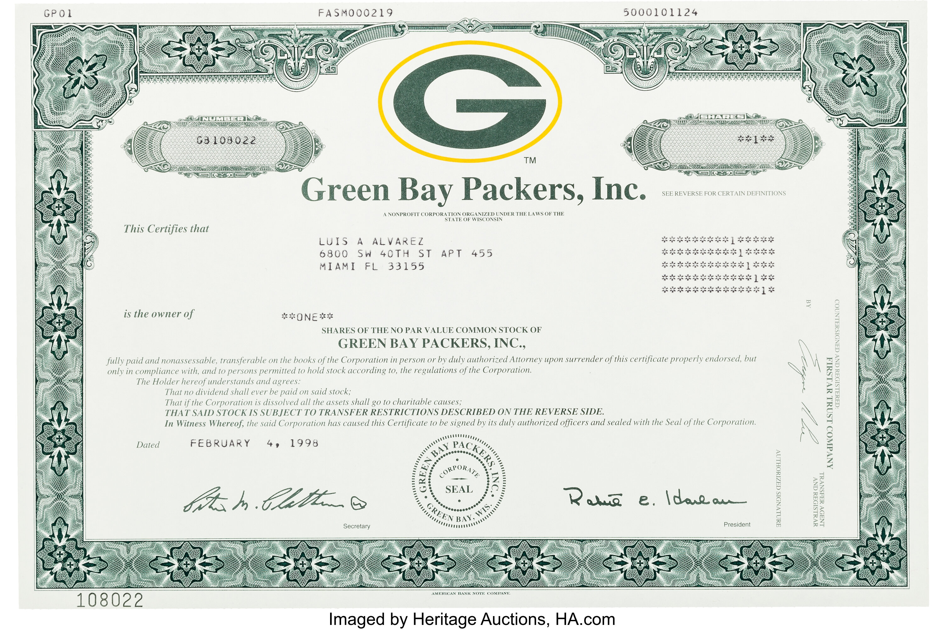 1998 Green Bay Packers Original Stock Certificate Football Lot