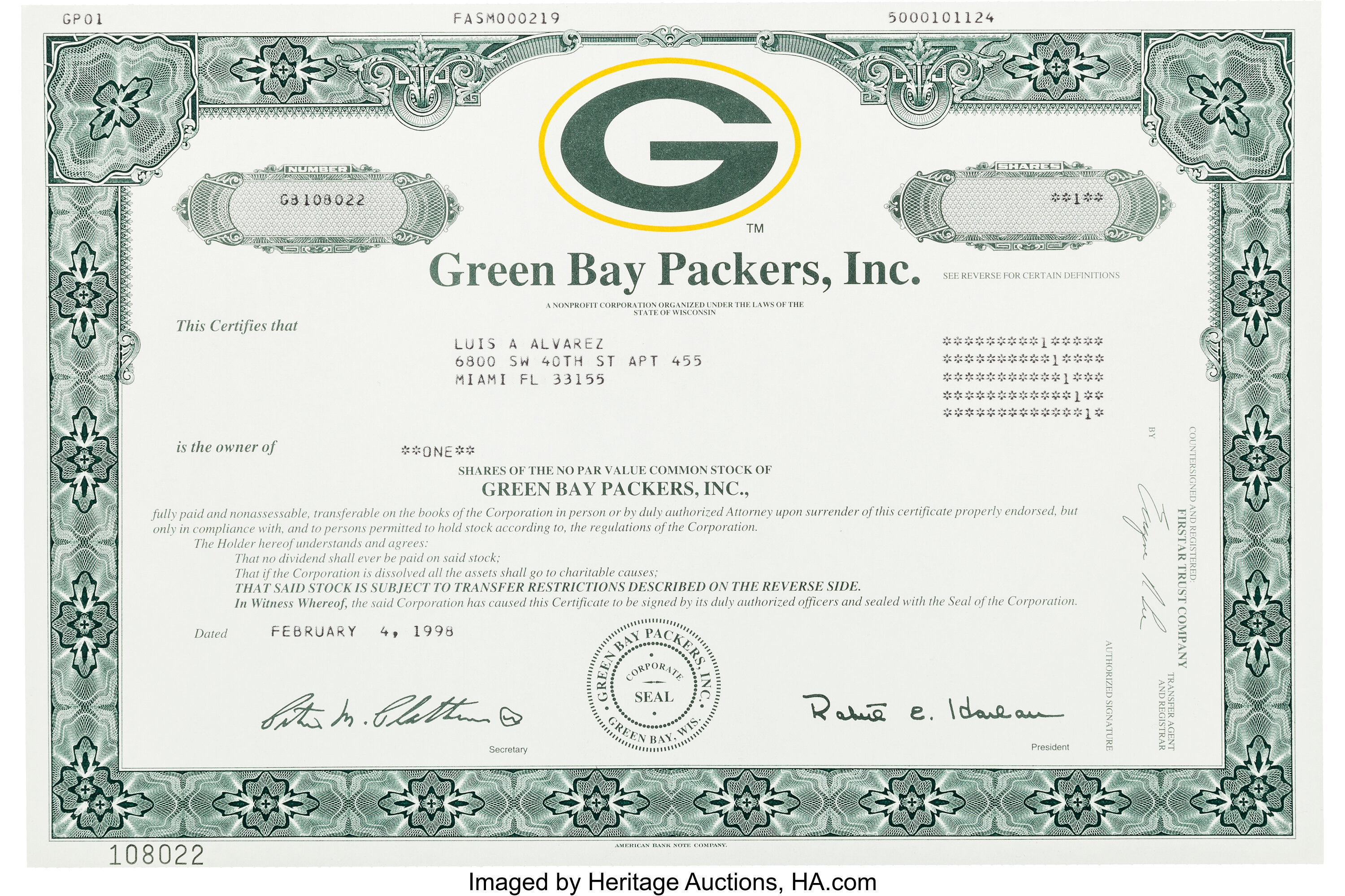 1998 Green Bay Packers Original Stock Certificate. Football, Lot #43163