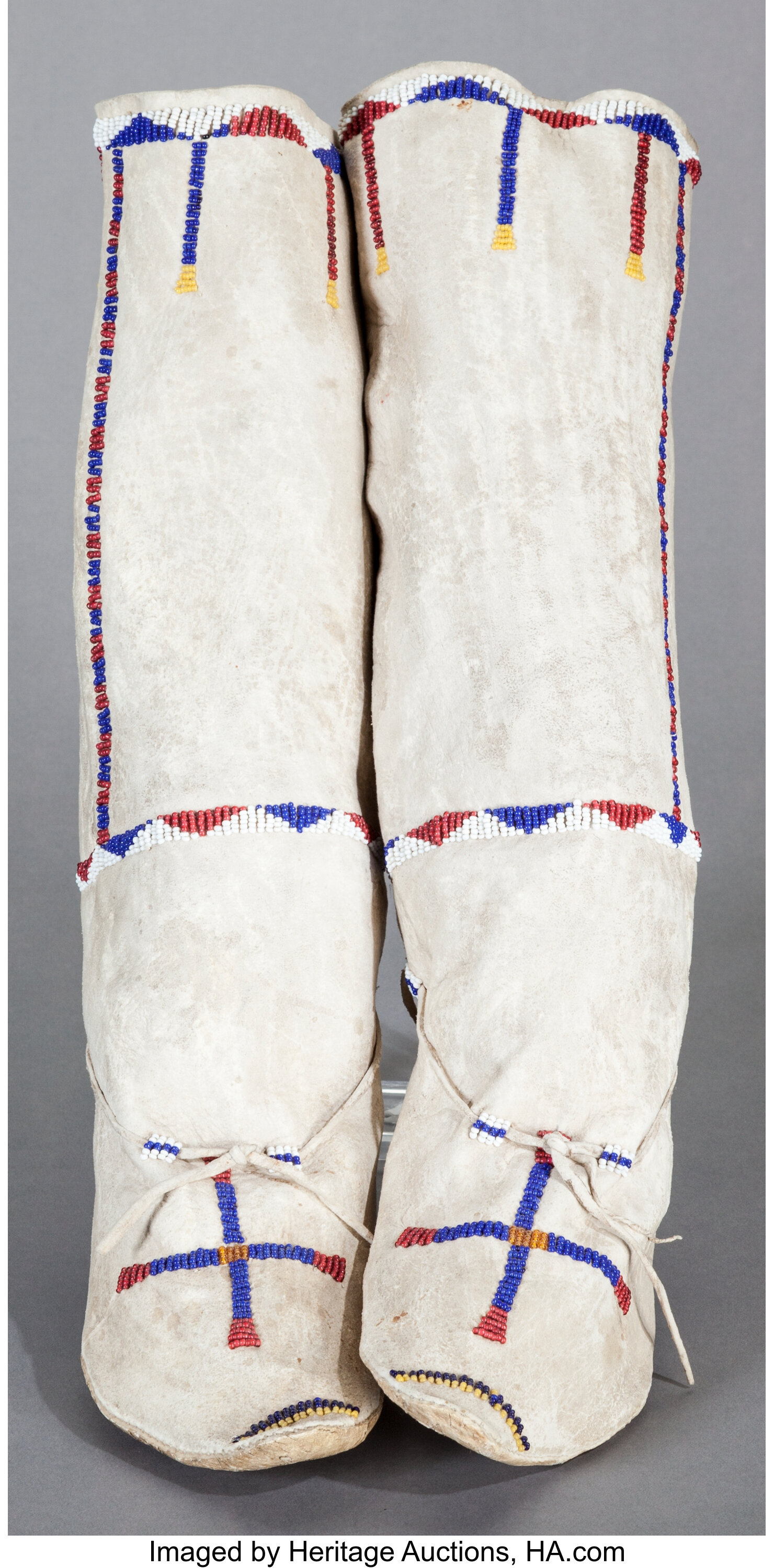 A Pair Of Apache Woman's Beaded Hide Boot Moccasins. C. 1890 