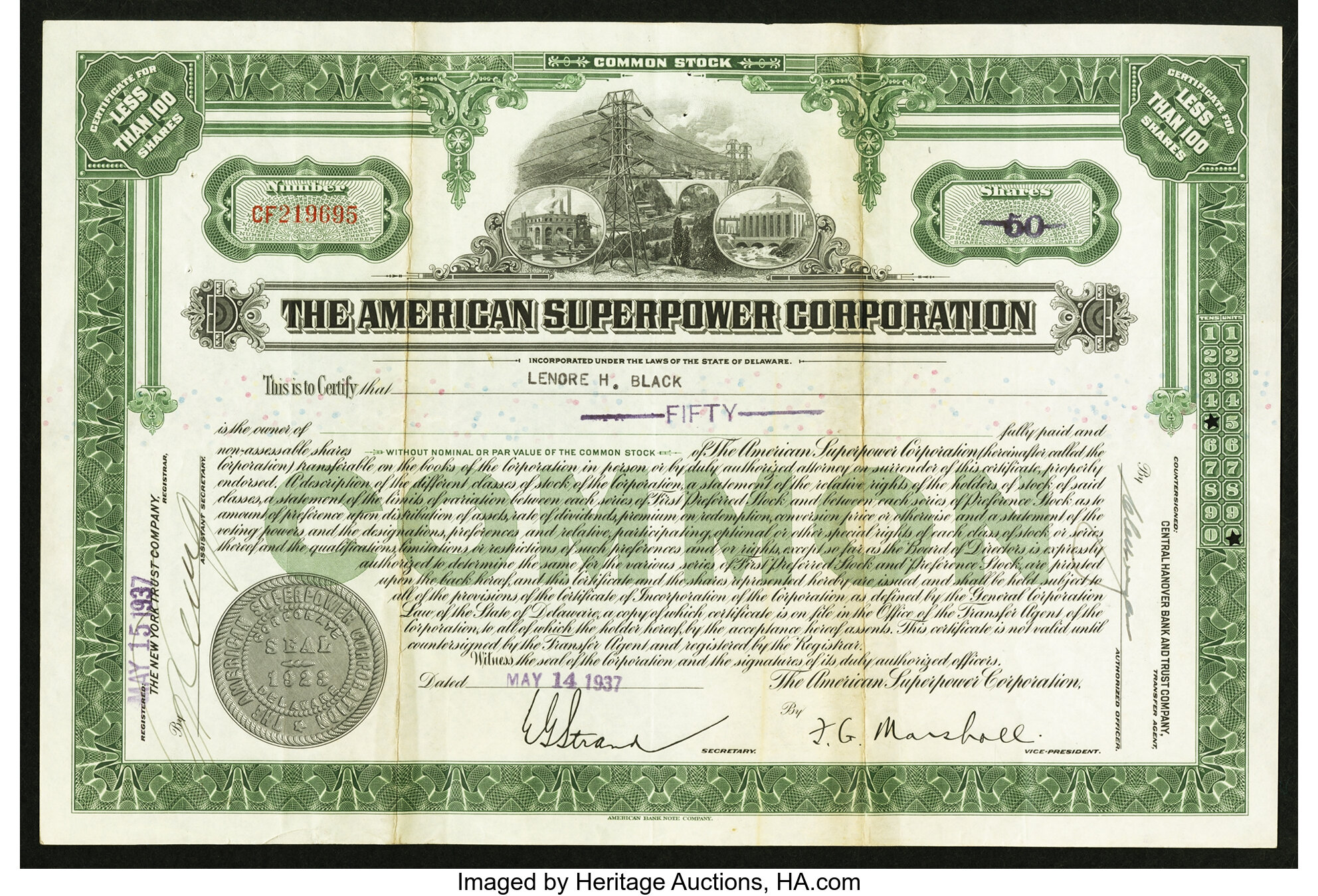 American Superpower Corporation 50 Shares 1937 Stock Certificate ...