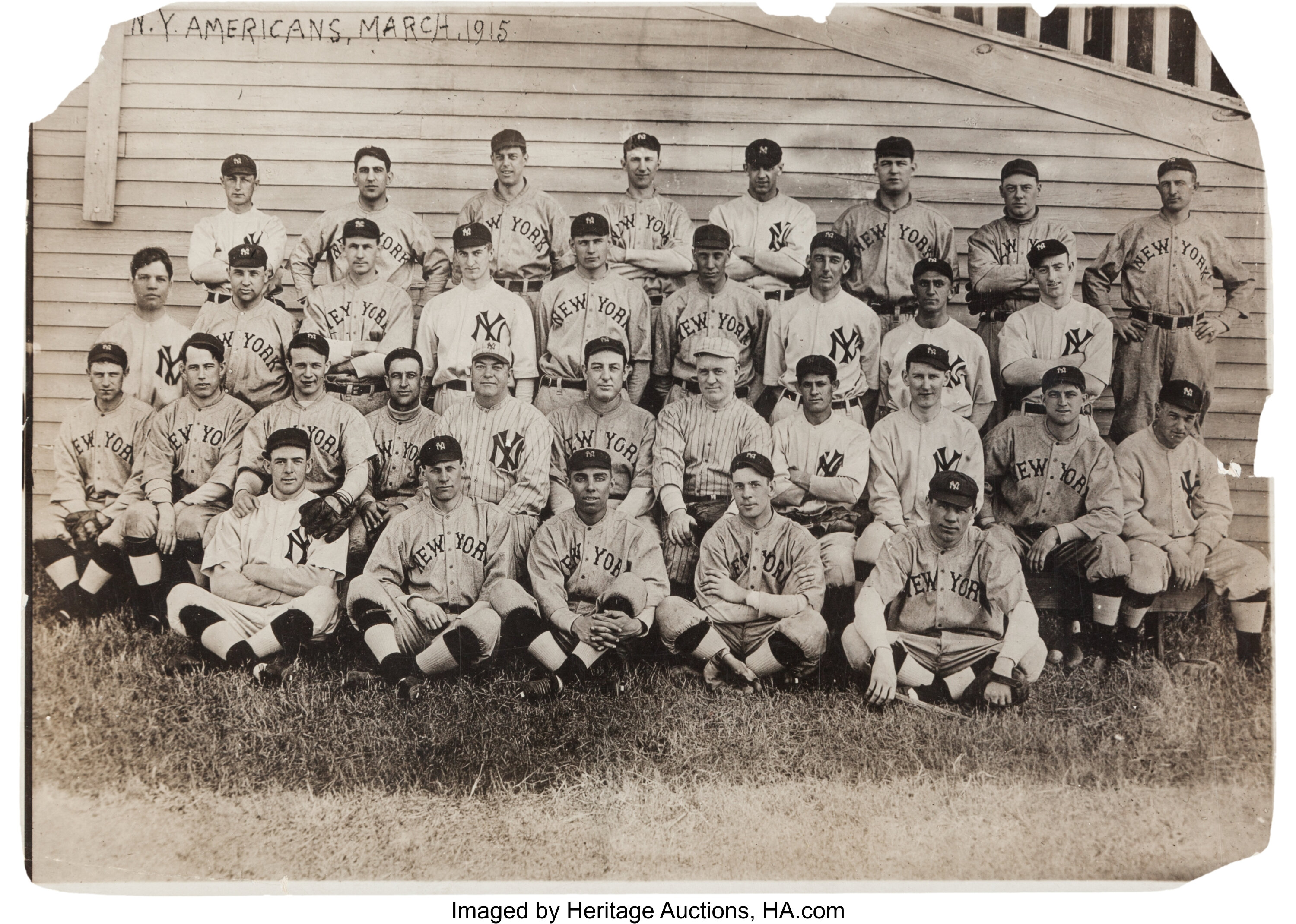 New York Yankees Photo (1915) - Game-worn 1915 New York Yankees road jersey,  with red-blue-green …