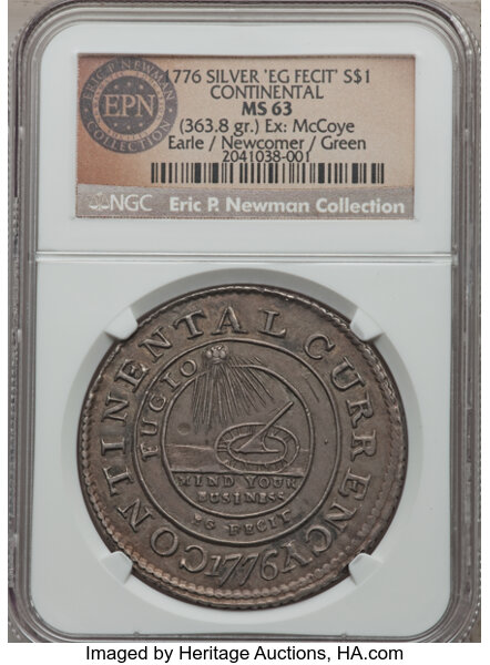 1776 $1 Continental Dollar, CURRENCY, Silver, EG FECIT MS63