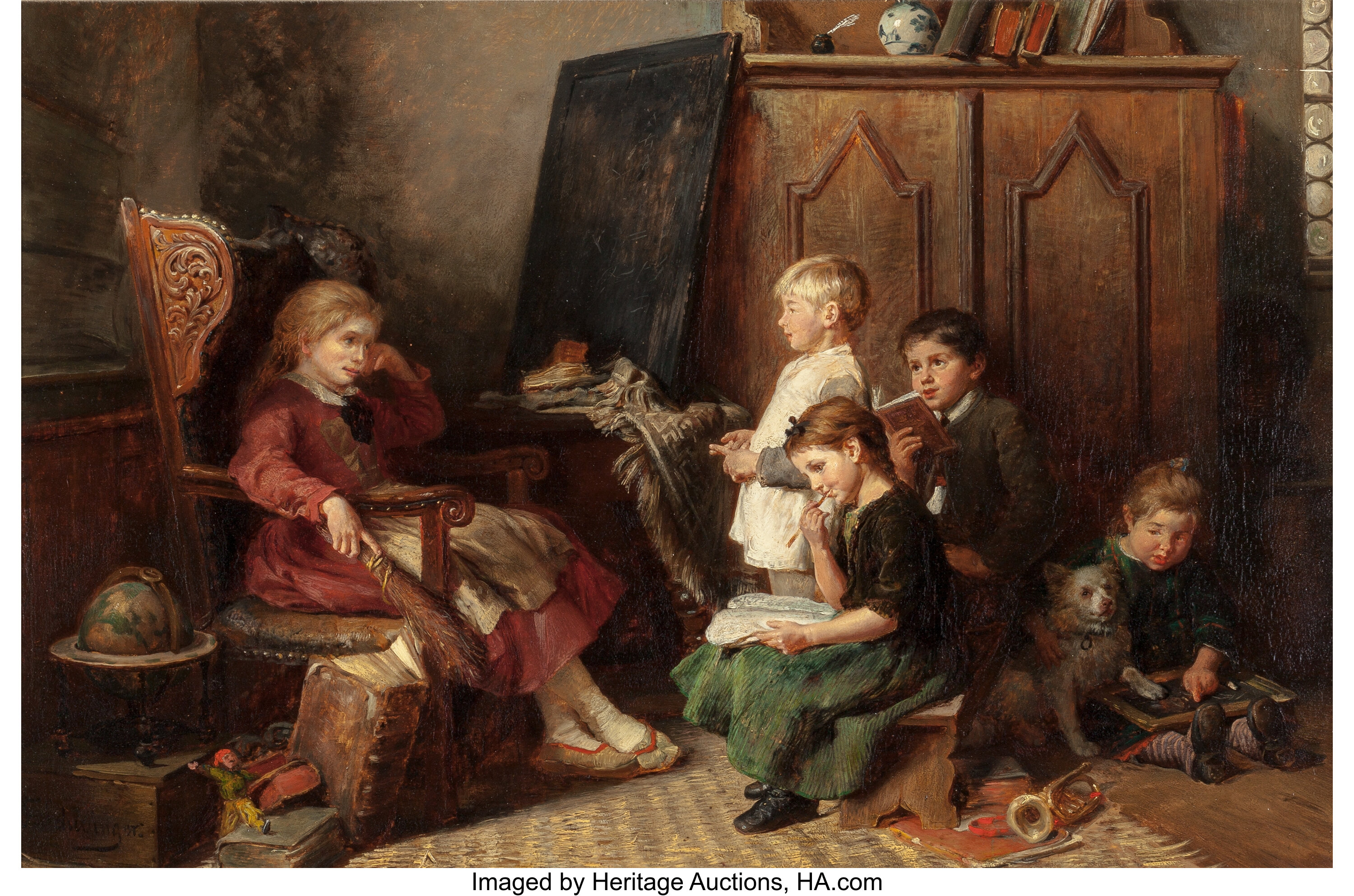 FELIX SCHLESINGER (German, 1833-1910). Children Reading. Oil on | Lot ...