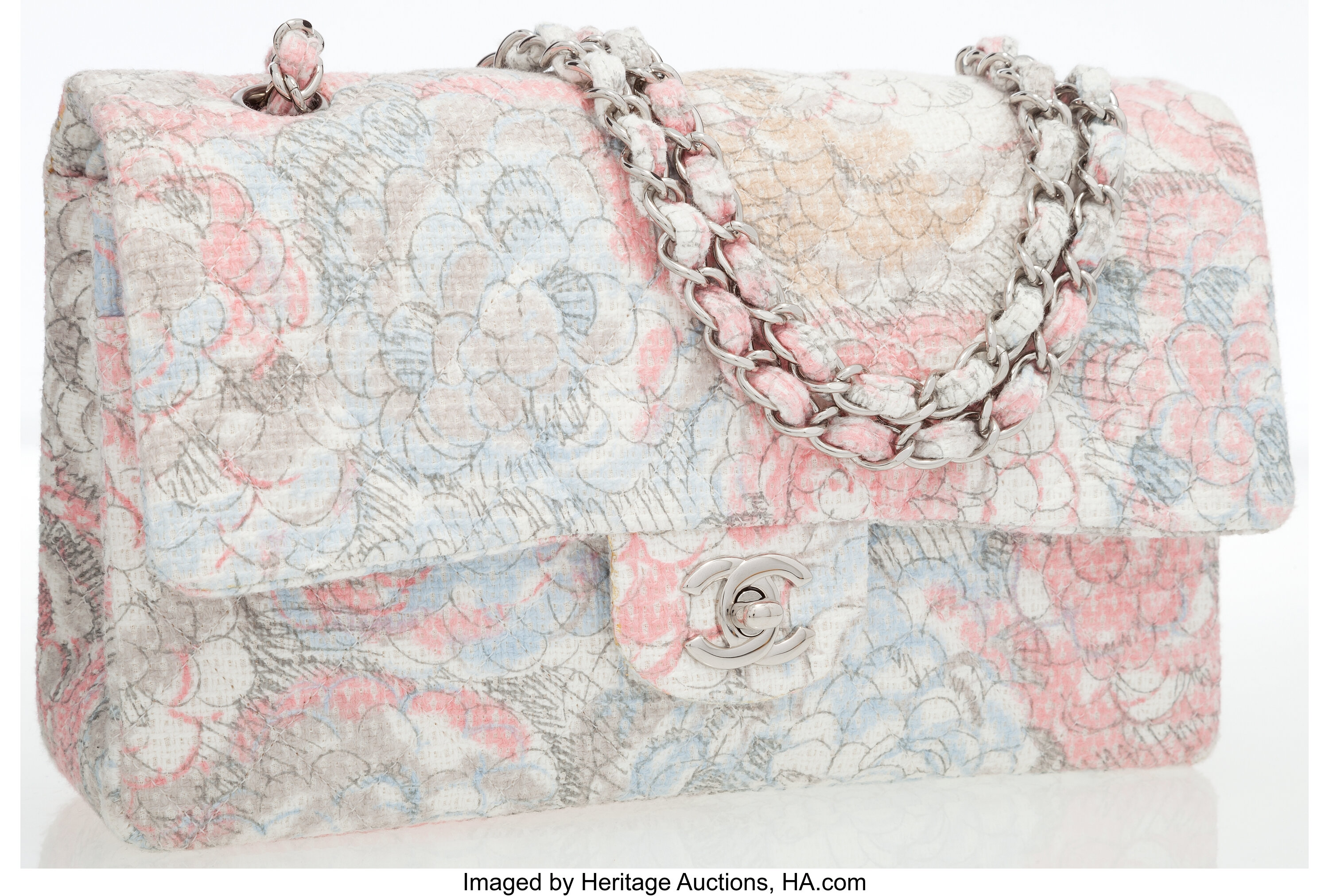 Chanel Pink Floral Boucle Medium 2.55 Double Flap Bag.  Luxury