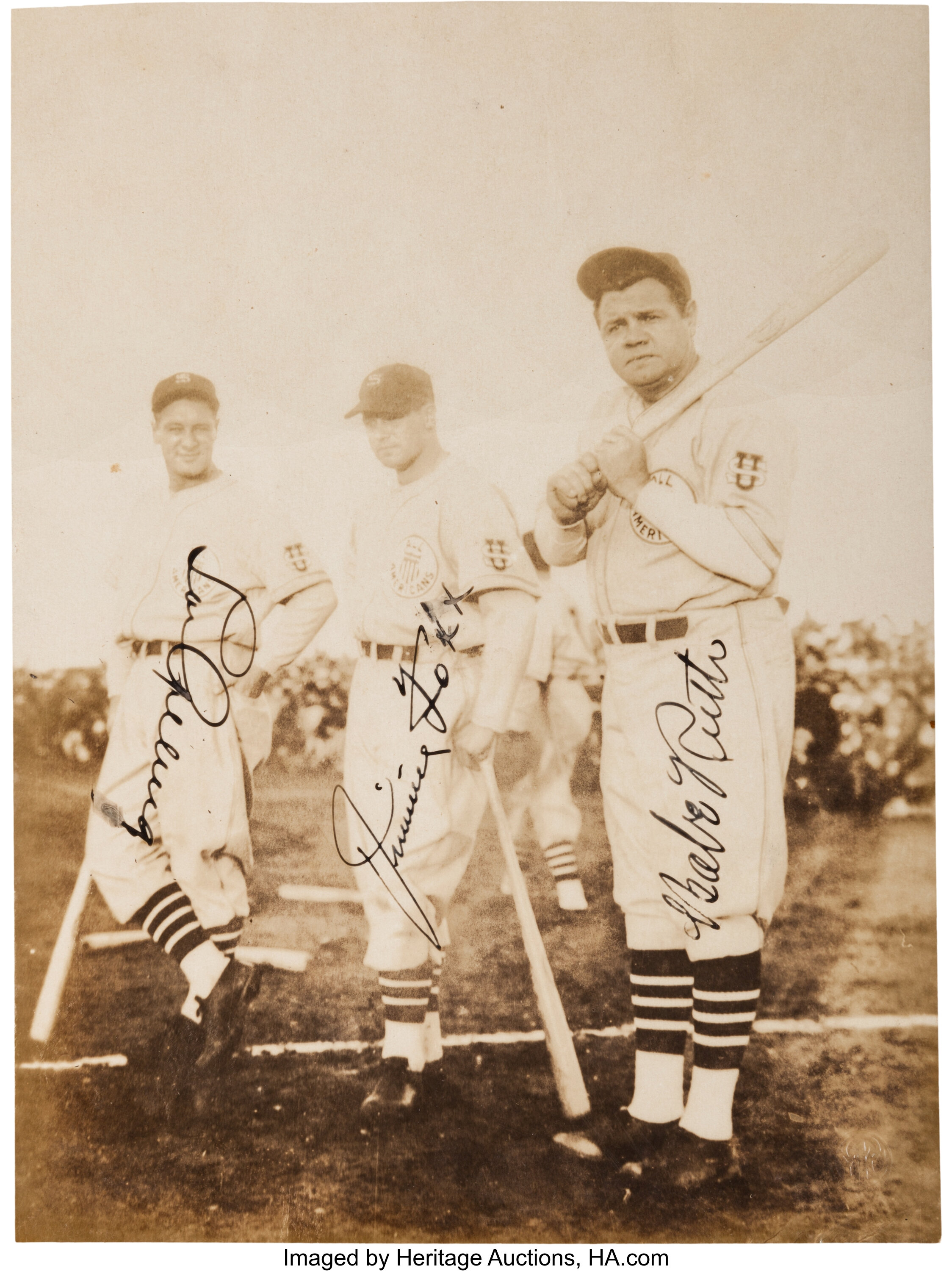 Babe Ruth Lou Gehrig Jimmie Foxx Signed 1920's Baseball JSA COA