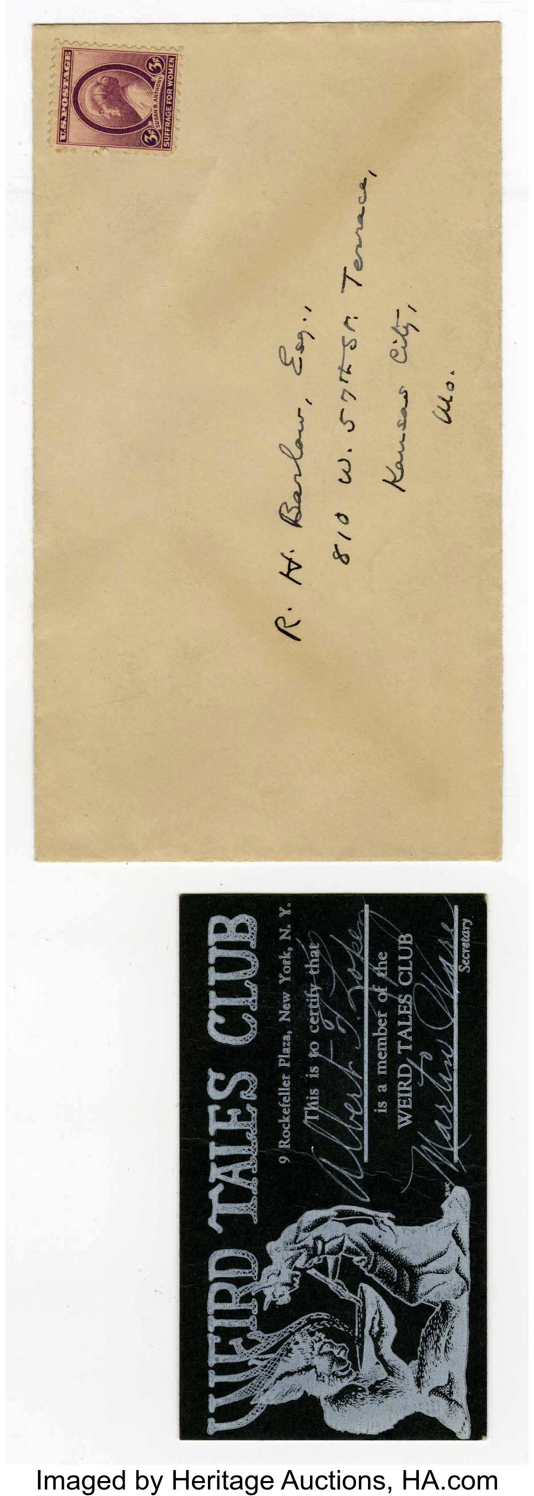 . Lovecraft Signed Envelope plus Weird Tales Club Card (circa | Lot  #16420 | Heritage Auctions