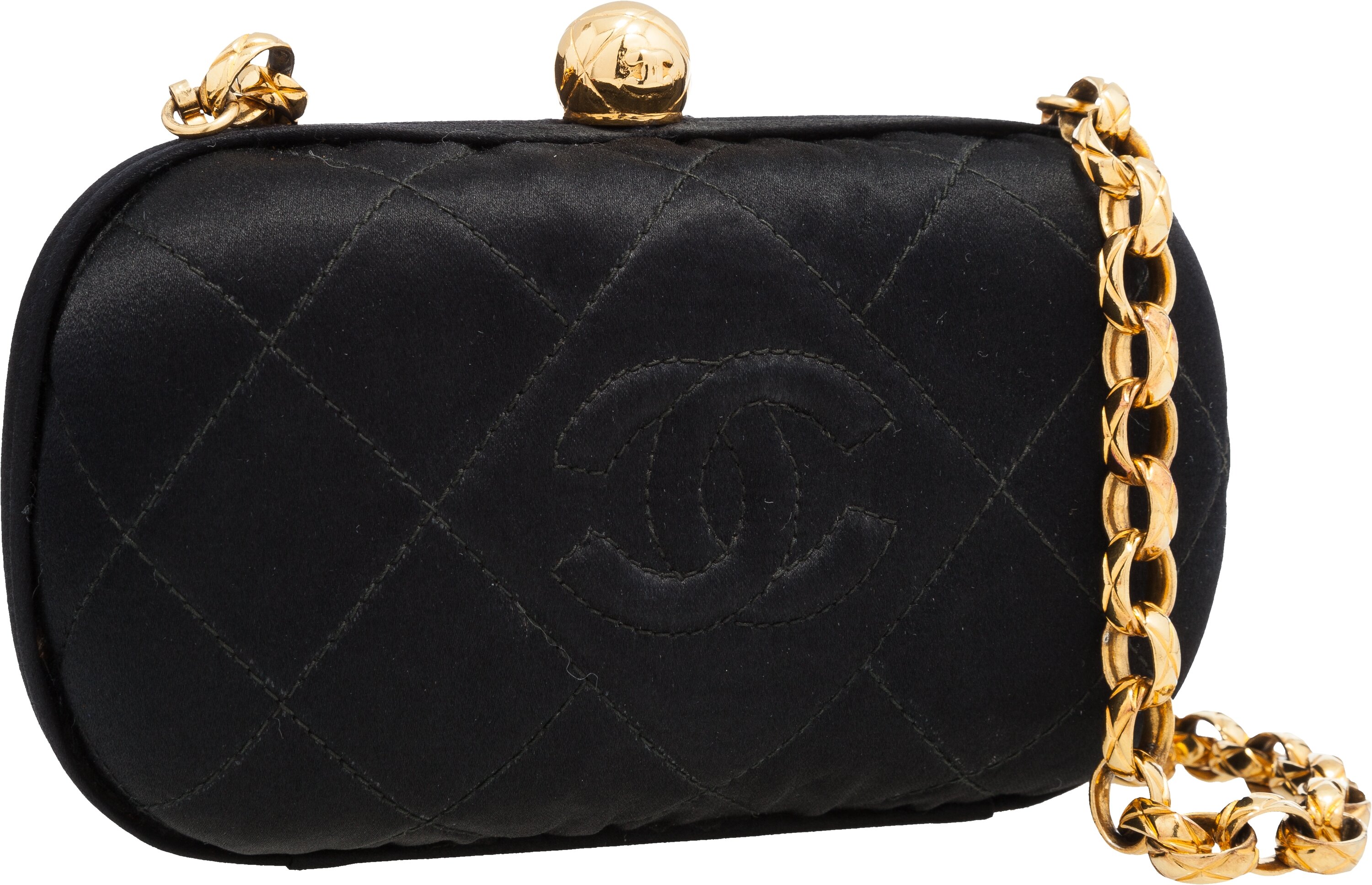 Chanel Black Satin Quilted Evening Bag with Gold Hardware . , Lot  #16010