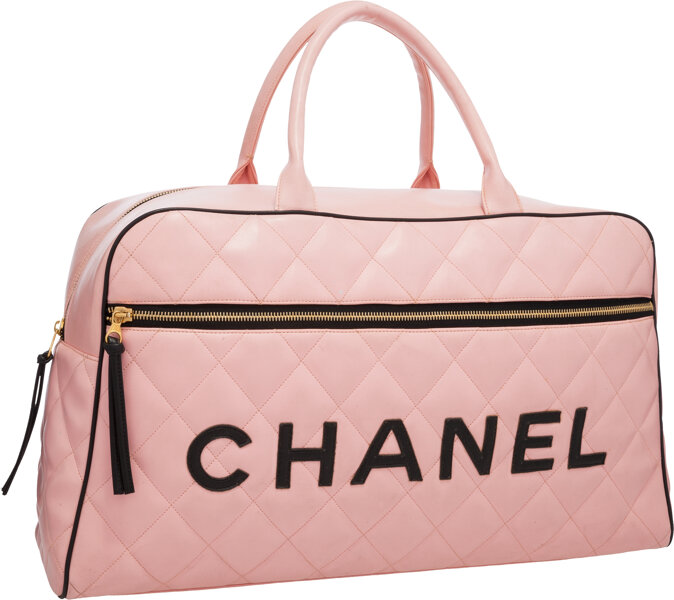 Chanel Womens Vintage Logo Bowler Bag Quilted Lambskin Large Pink