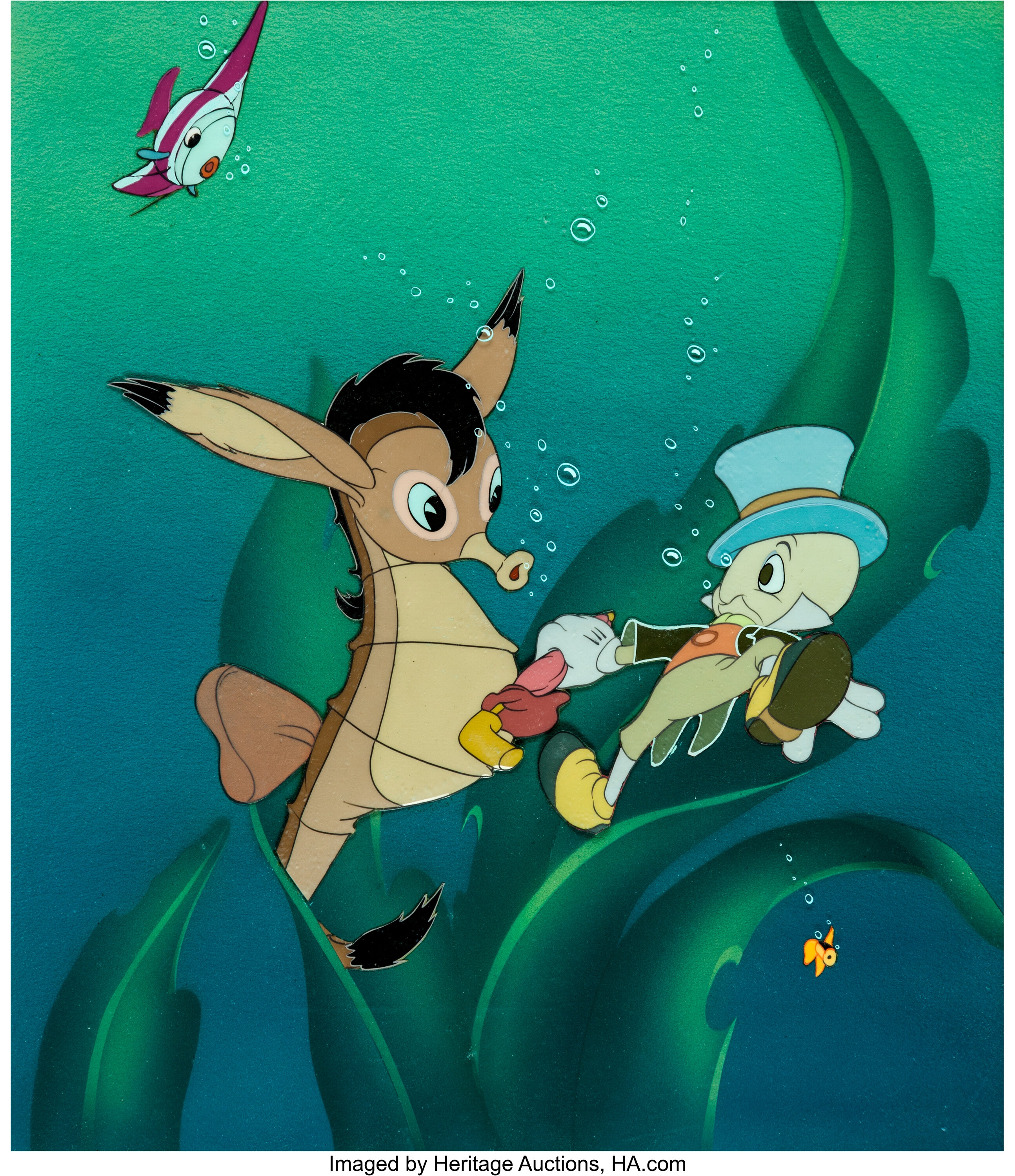 Pinocchio Jiminy Cricket and Seahorse Production Cel Courvoisier