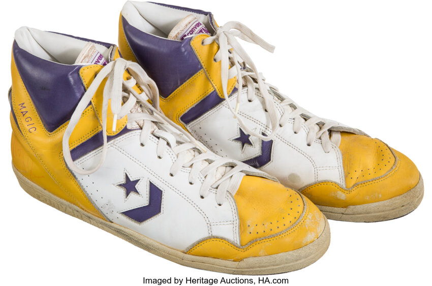 Lot Detail - 1996 MAGIC JOHNSON (COMEBACK SEASON) MVP BRAND GAME WORN SHOES  (HOLLYWOOD AGENT COLLECTION)