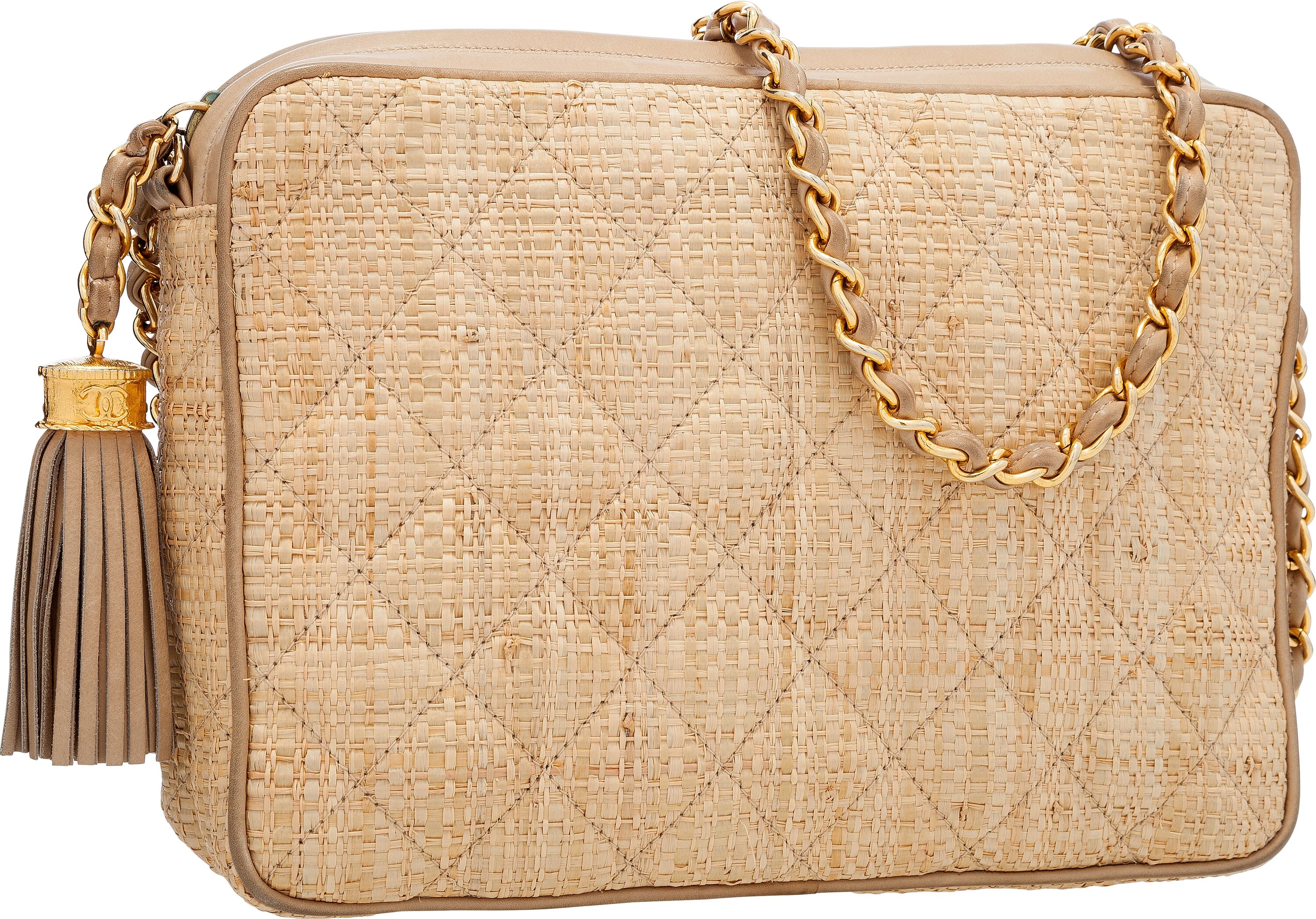 Chanel Natural Quilted Raffia Camera Bag with Tassel.  Luxury