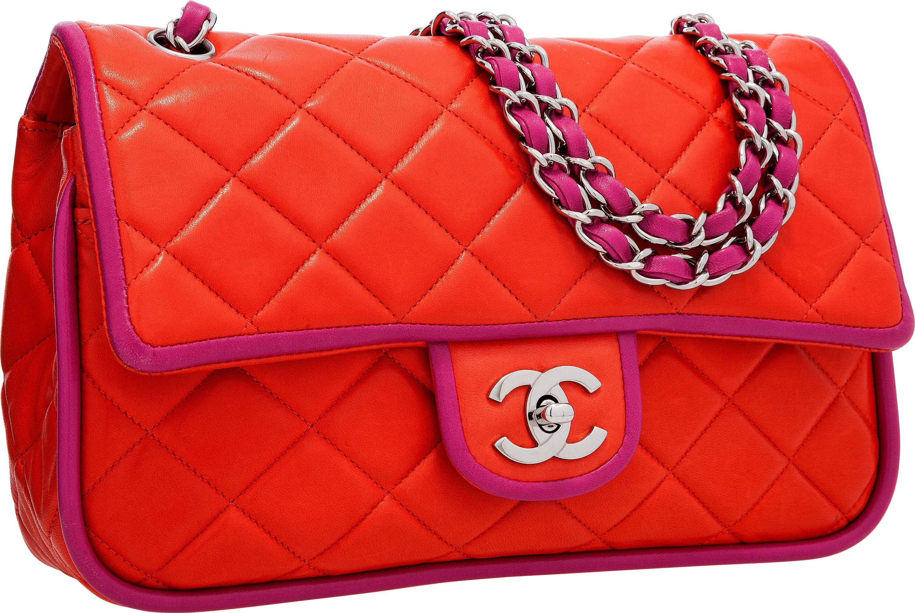 Chanel Coral & Fuchsia Quilted Lambskin Leather Double Flap Bag