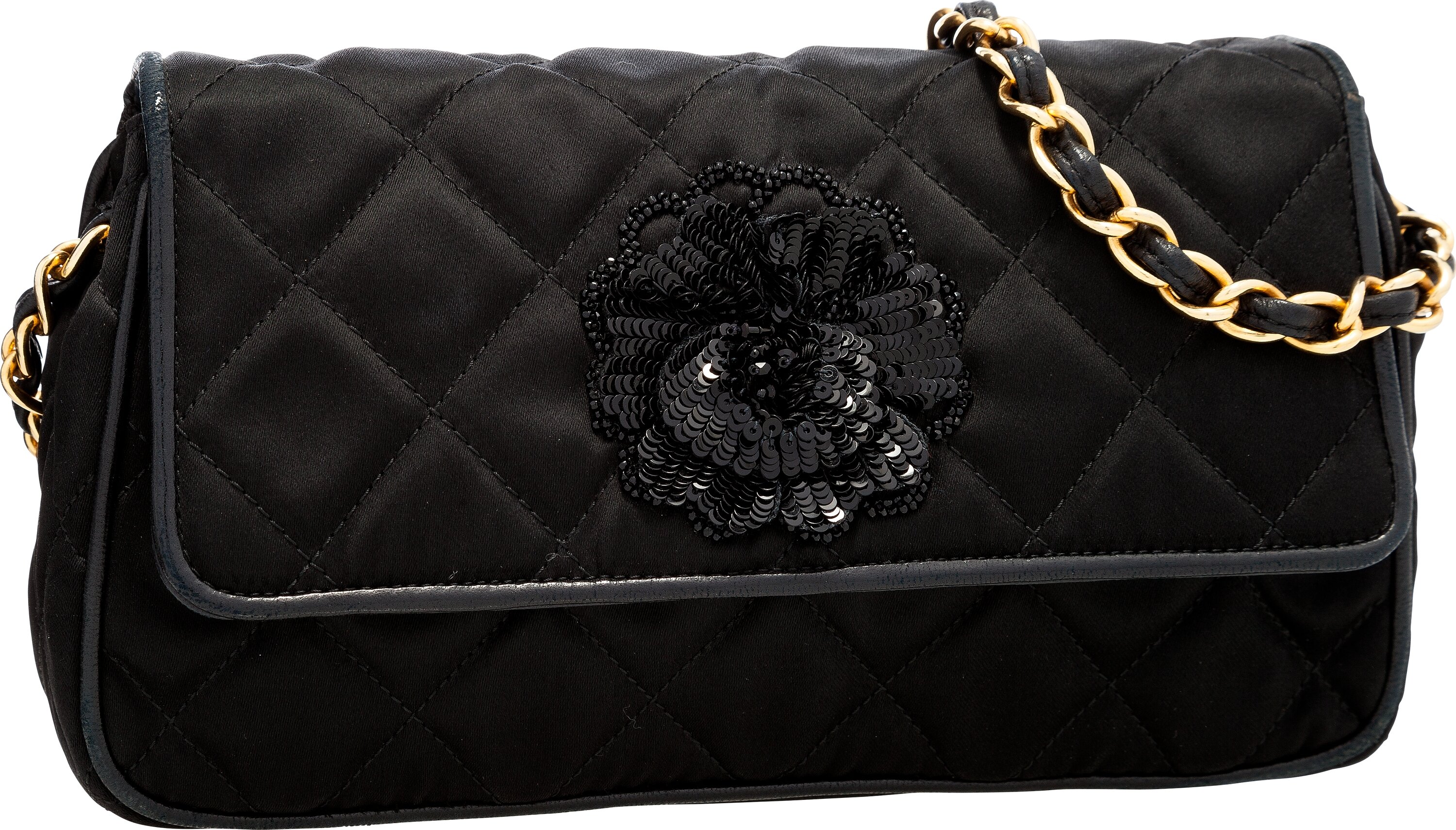 Chanel Black Quilted Satin Evening Bag with Sequin Camellia Flower