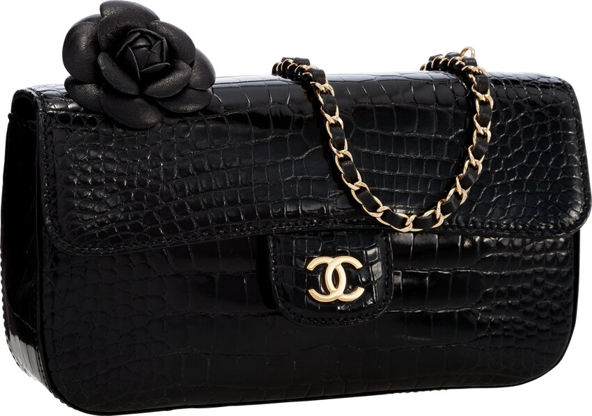 Black chain handbag, Crocodile, Glazed, Gold. SMALL MIA