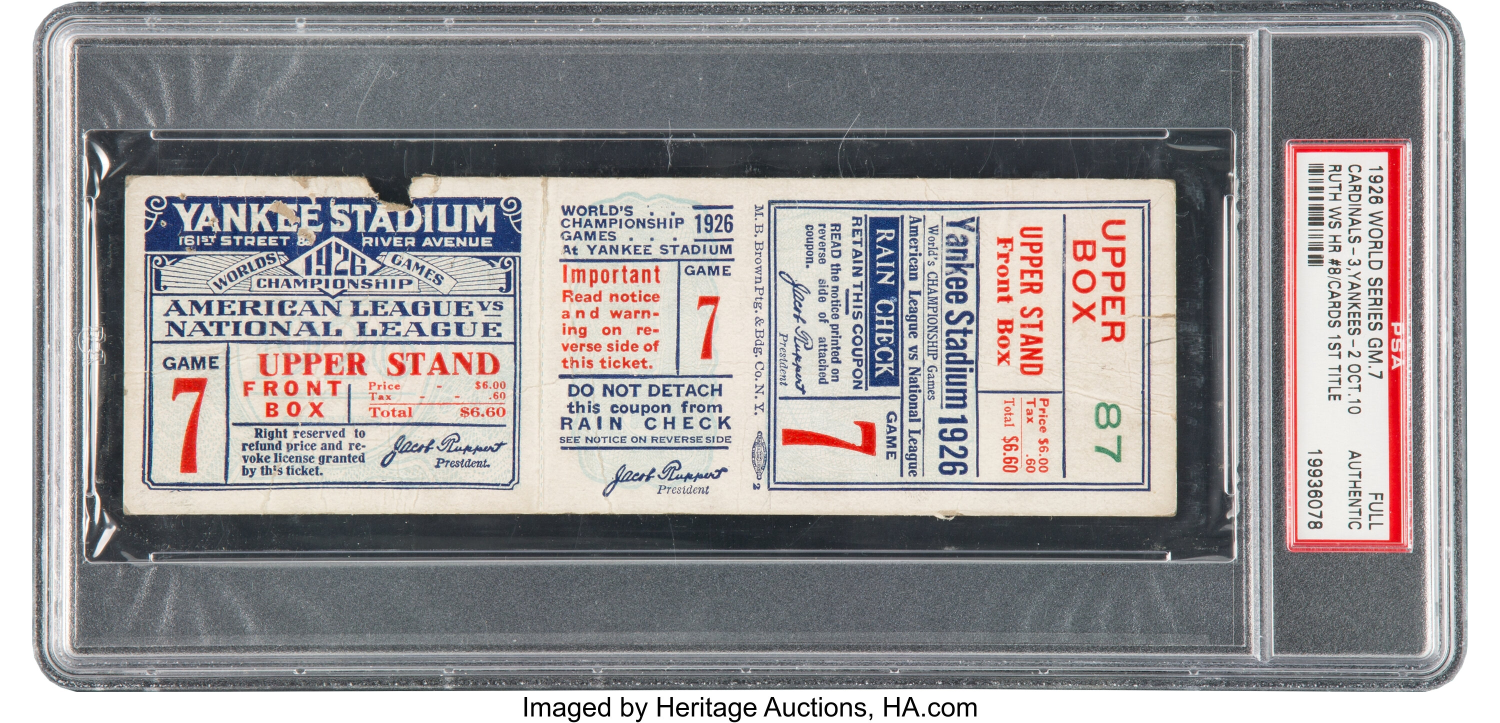 1926 World Series Game Seven Ticket Stub, PSA Authentic.