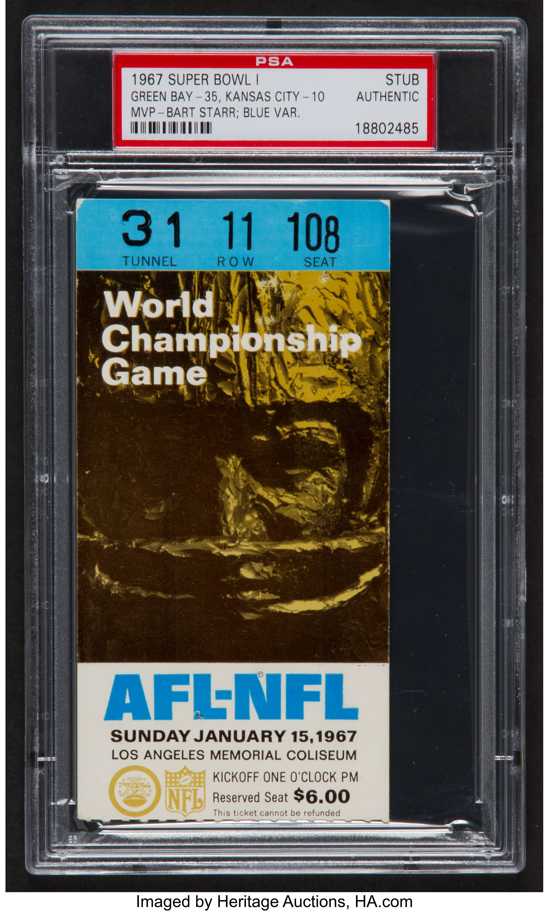 Hake's - 1967 SUPER BOWL I FULL TICKET PSA GD 2 GOLD VARIANT.