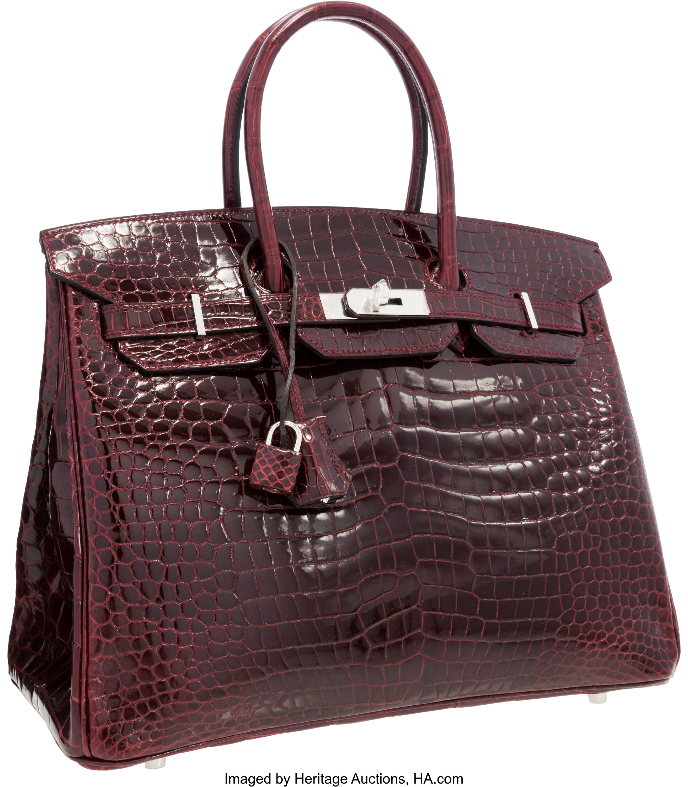 Hermes 35cm Shiny Bordeaux Porosus Crocodile Birkin Bag with | Lot ...