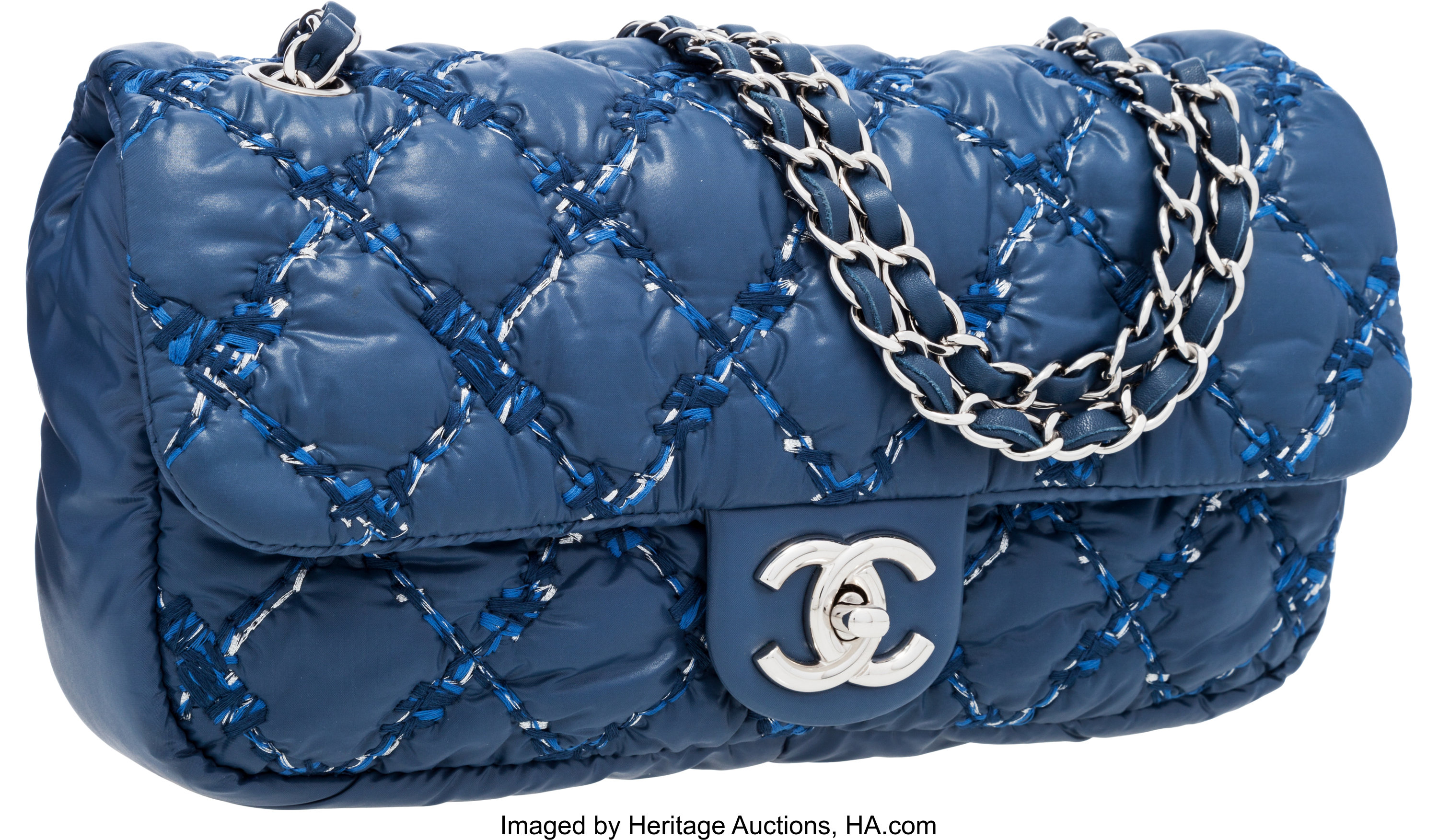 Chanel Blue Nylon Bubble Flap Bag with Tweed Stitching & Silver, Lot  #58226