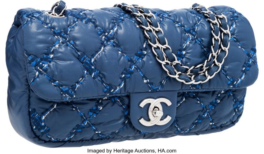 Chanel Blue Nylon Bubble Flap Bag with Tweed Stitching & Silver, Lot  #58226