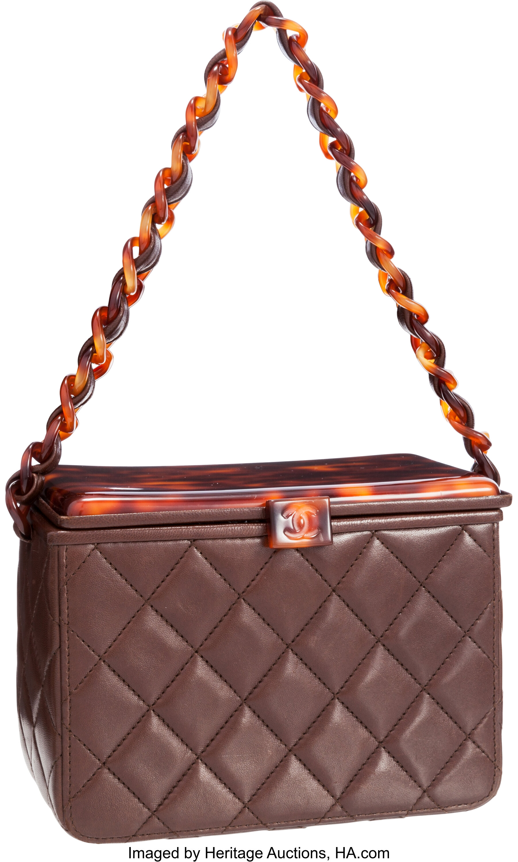 Chanel Brown Quilted Lambskin Leather Box Bag with Tortoise Handle