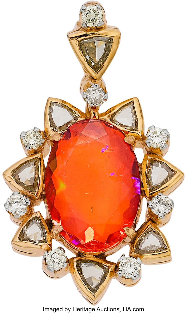 FIRE OPAL, DIAMOND, GOLD PENDANT. Jewelry | Lot #66211 | Heritage