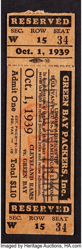 1939 Green Bay Packers Vs. Cleveland Rams Full Ticket - Packers, Lot  #41117