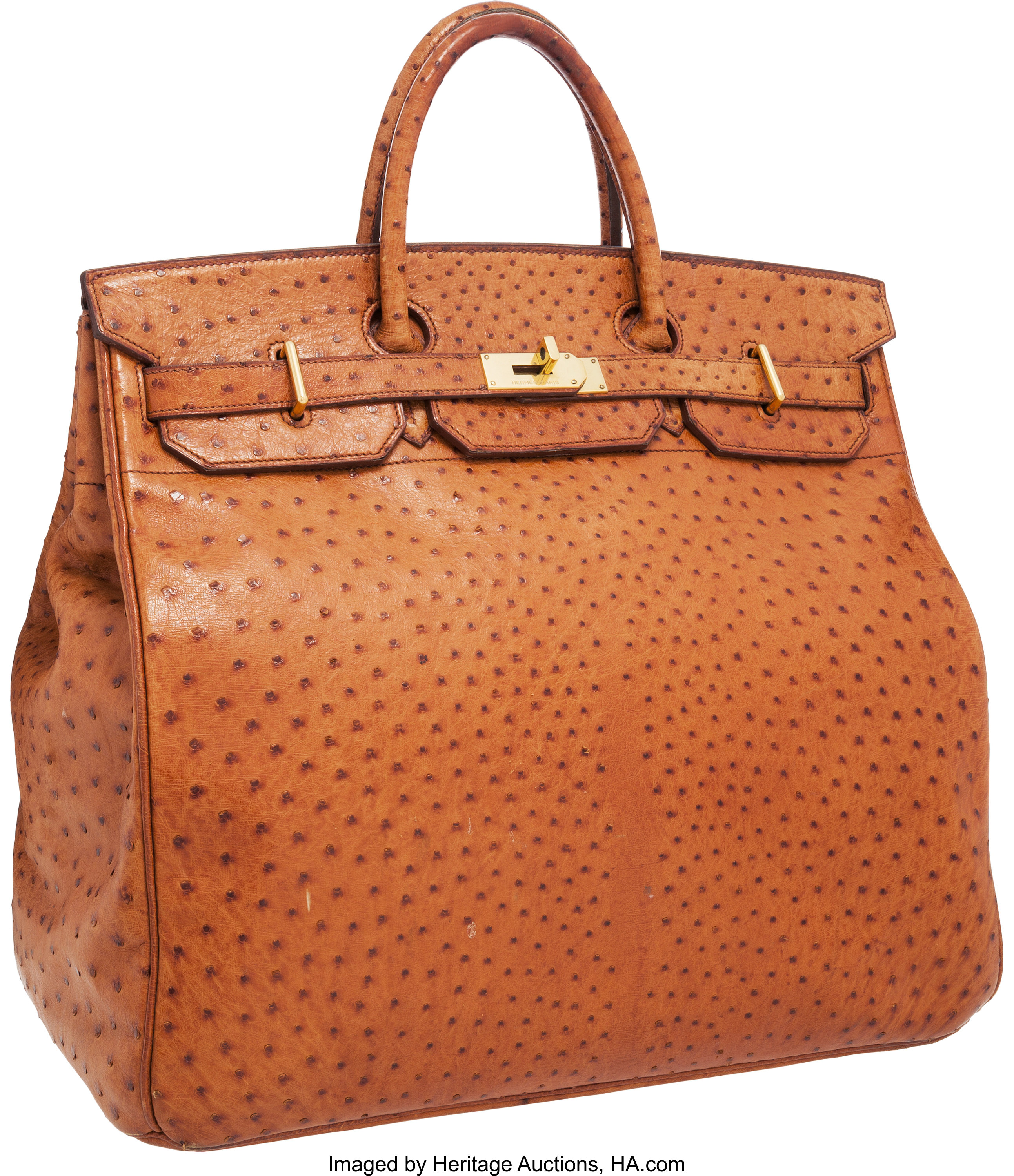 Hermes 45cm Cognac Ostrich HAC Birkin Bag with Gold Hardware. Good