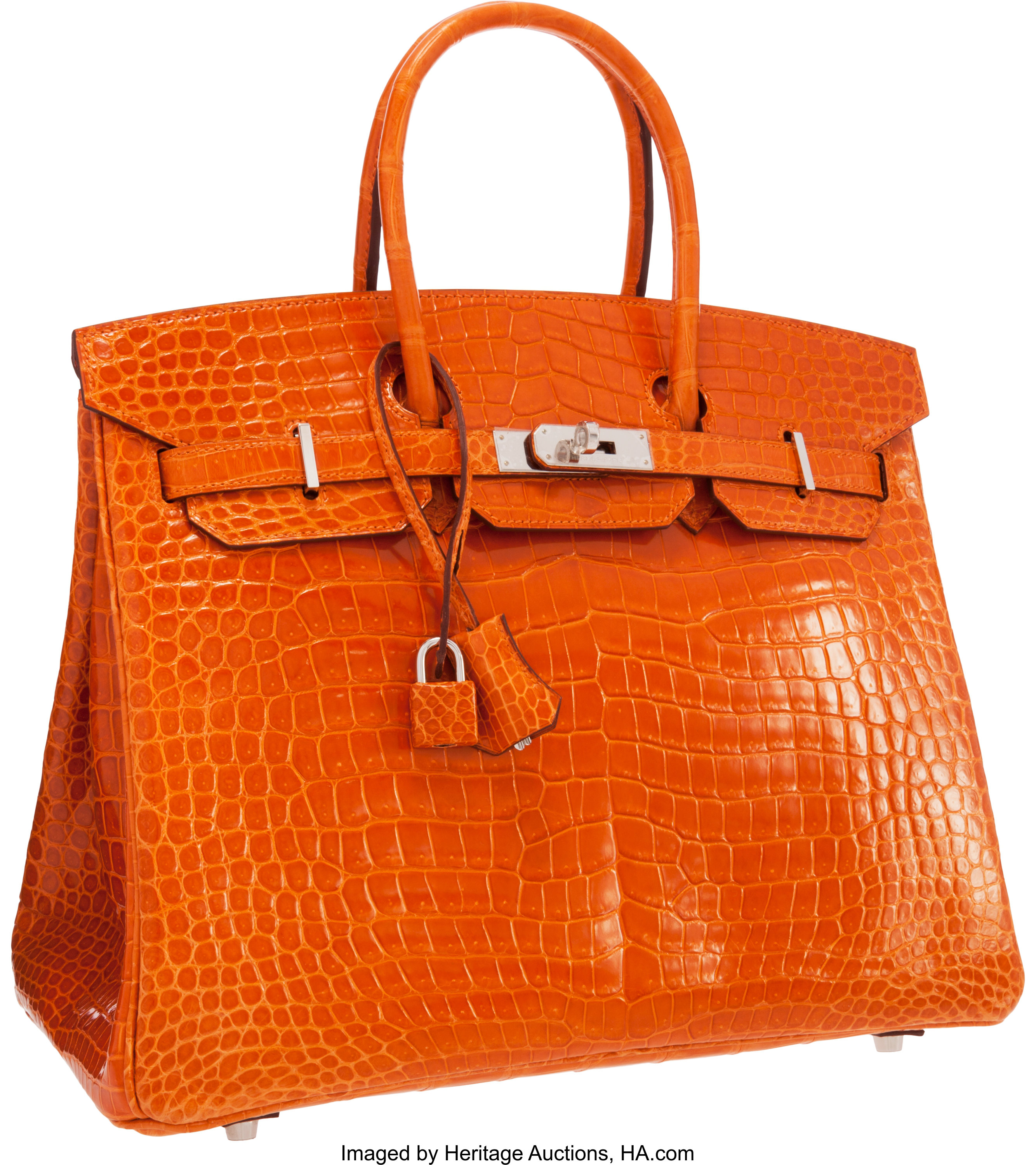 Hermes 35cm Shiny Orange H Porosus Crocodile Birkin Bag with Lot