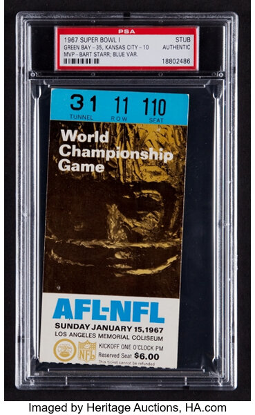 Sold at Auction: 1967 Super Bowl I ticket stub.