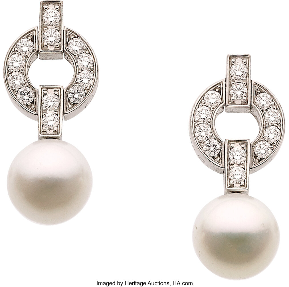 Cartier Cultured Pearl Diamond White Gold Earrings. Estate