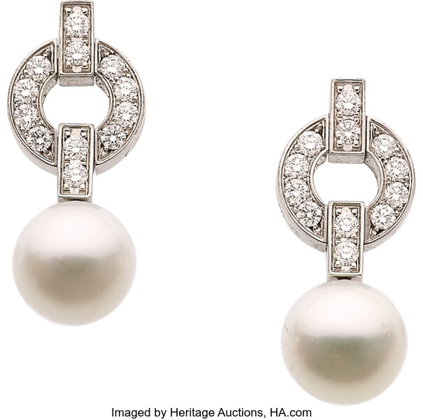 Cartier Cultured Pearl Diamond White Gold Earrings. Estate