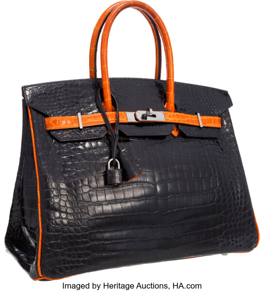 Hermes 35cm Shiny Orange H Porosus Crocodile Birkin Bag with